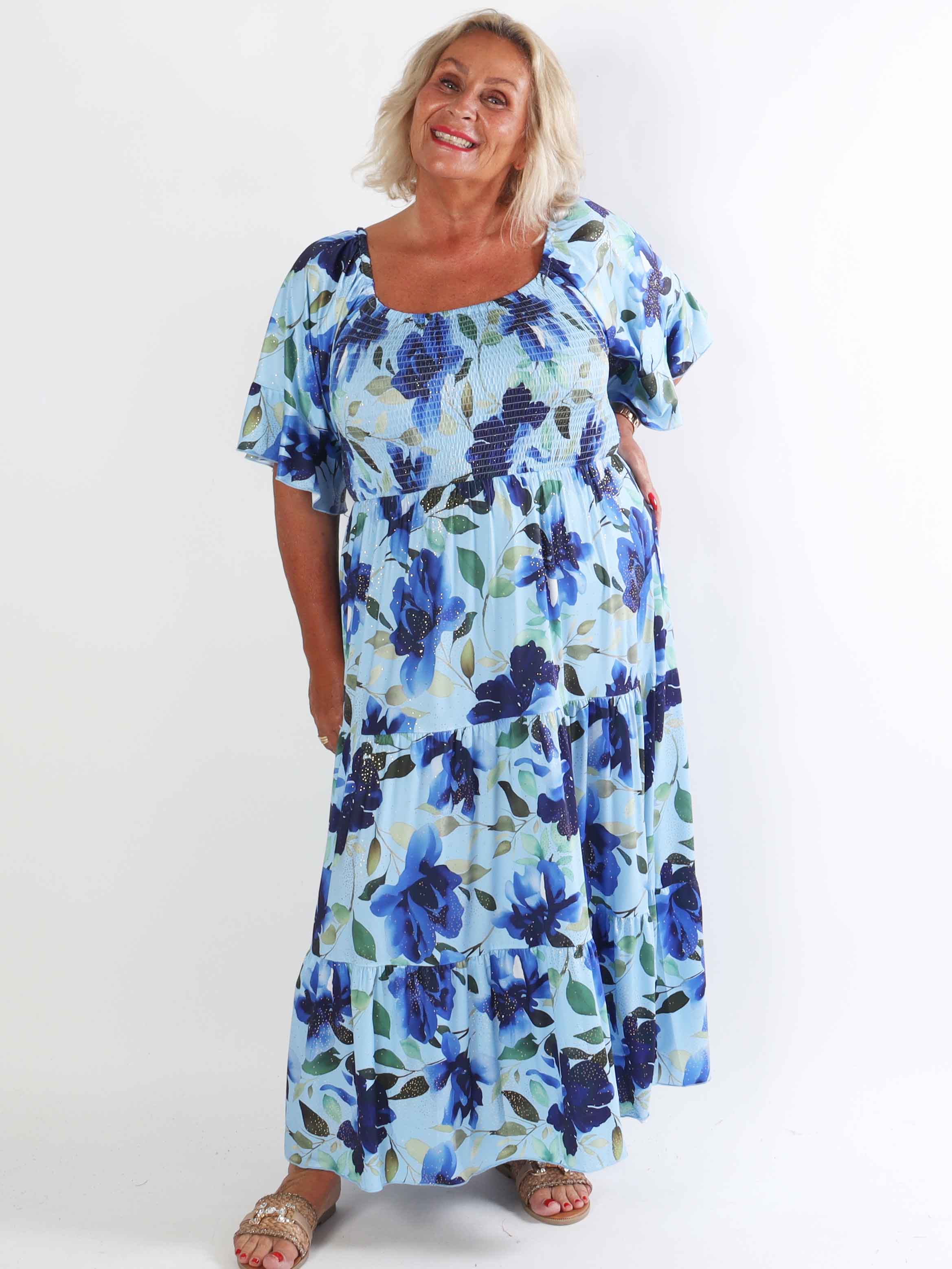 Elna Fiore - Blomstret elastisk plus size kjole med smock over brystet