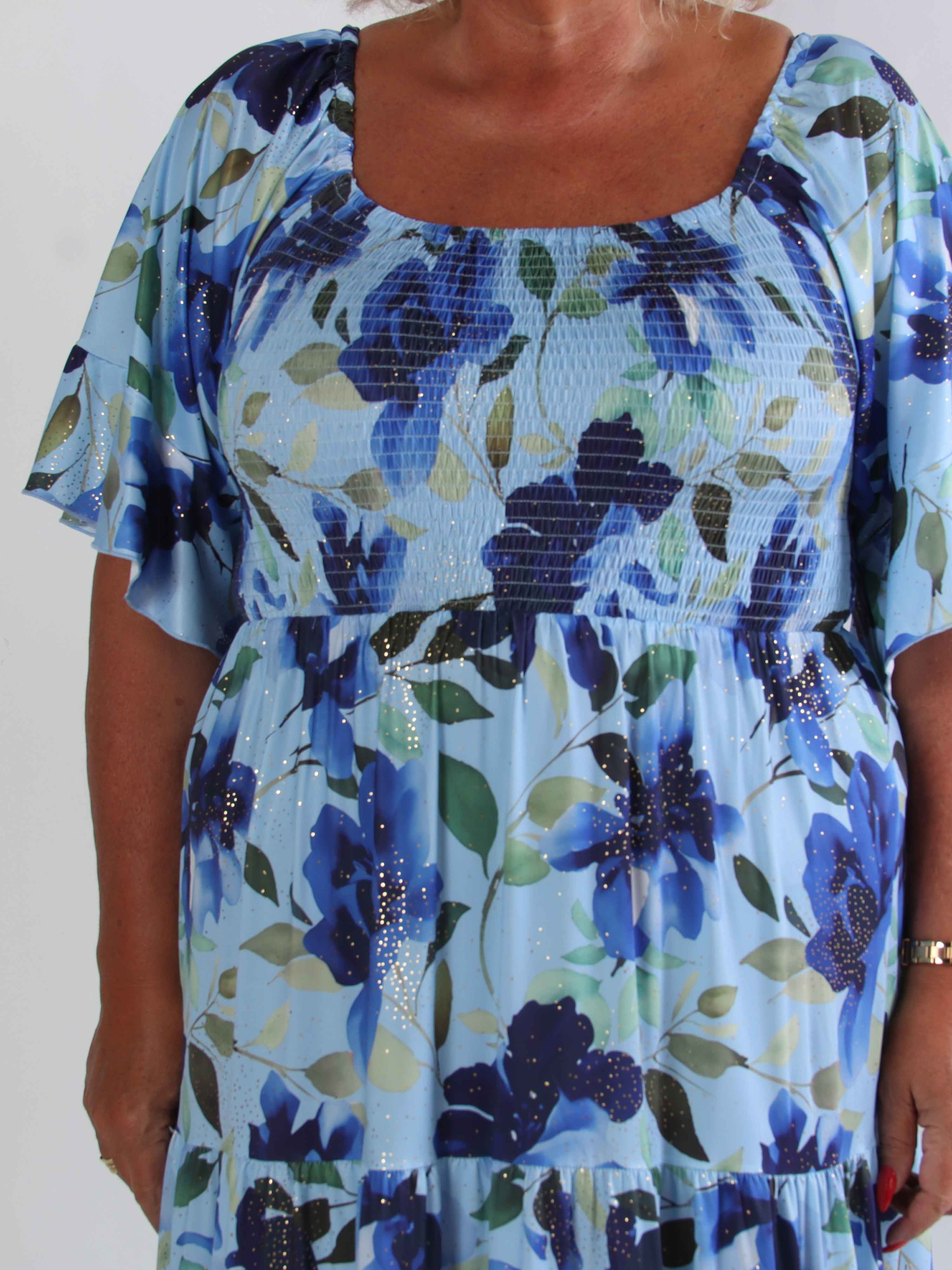 Elna Fiore - Blomstret elastisk plus size kjole med smock over brystet