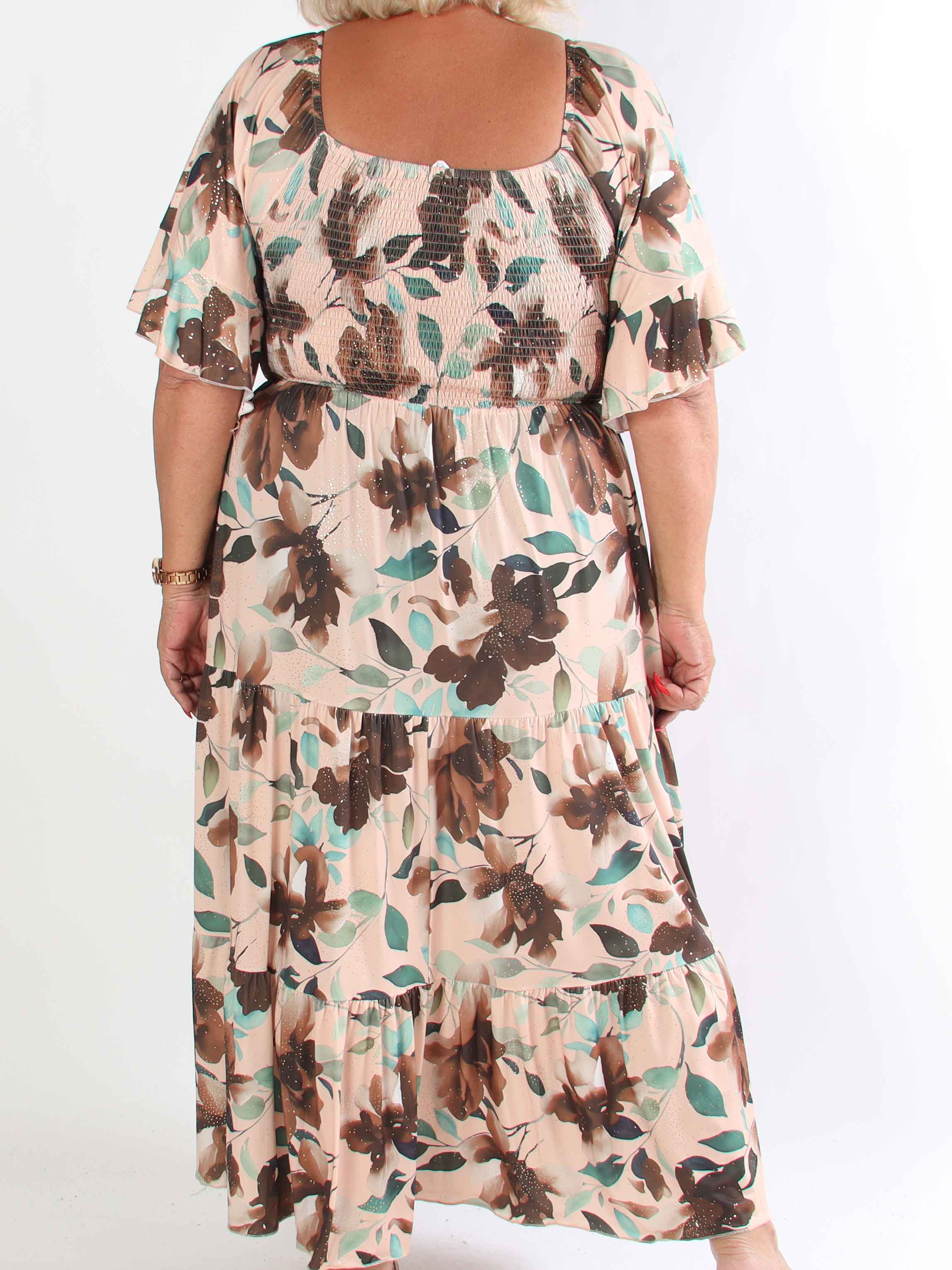 Elna Fiore - Blomstret elastisk plus size kjole med smock over brystet