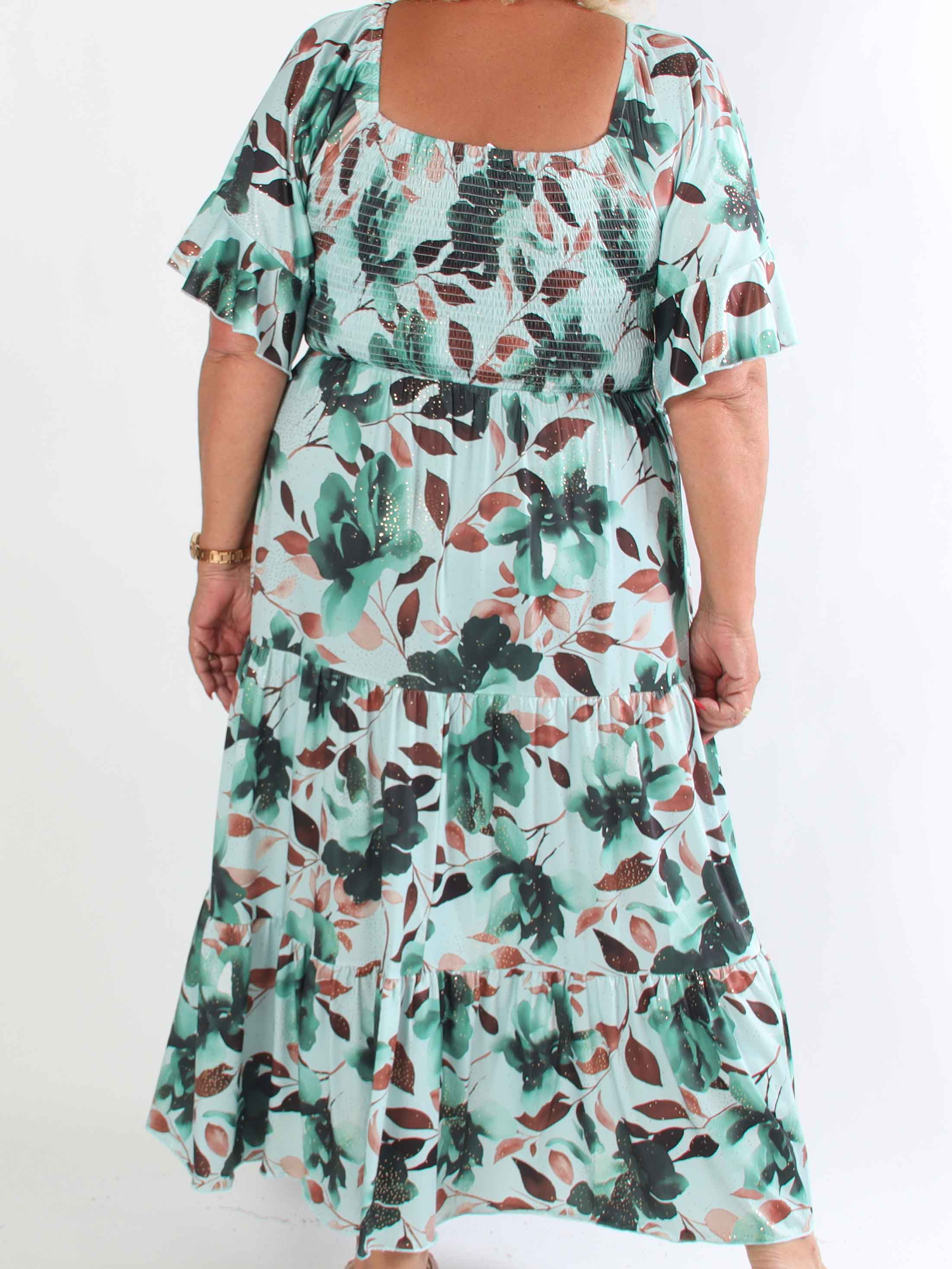 Elna Fiore - Blomstret elastisk plus size kjole med smock over brystet