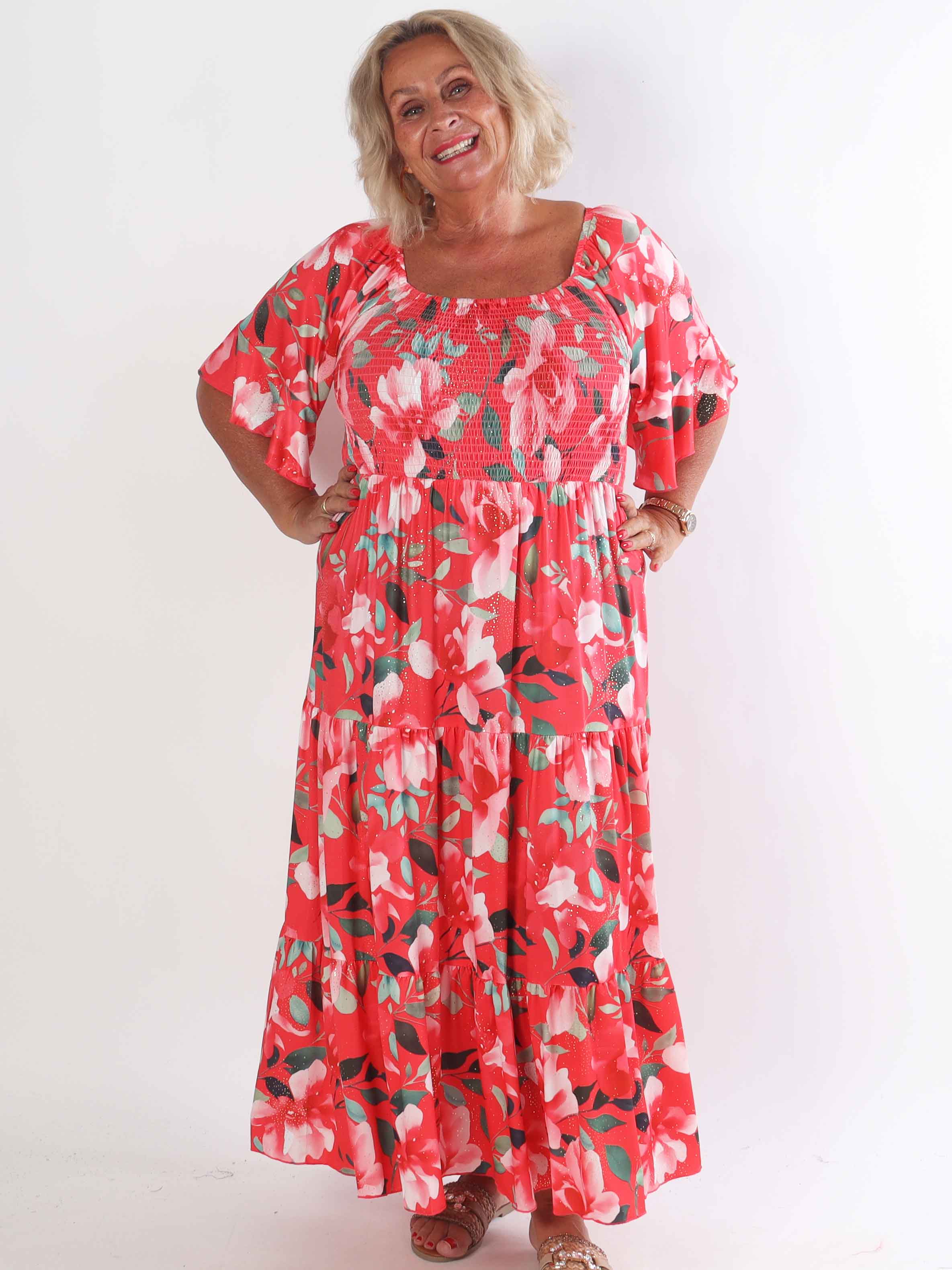 Elna Fiore - Blomstret elastisk plus size kjole med smock over brystet