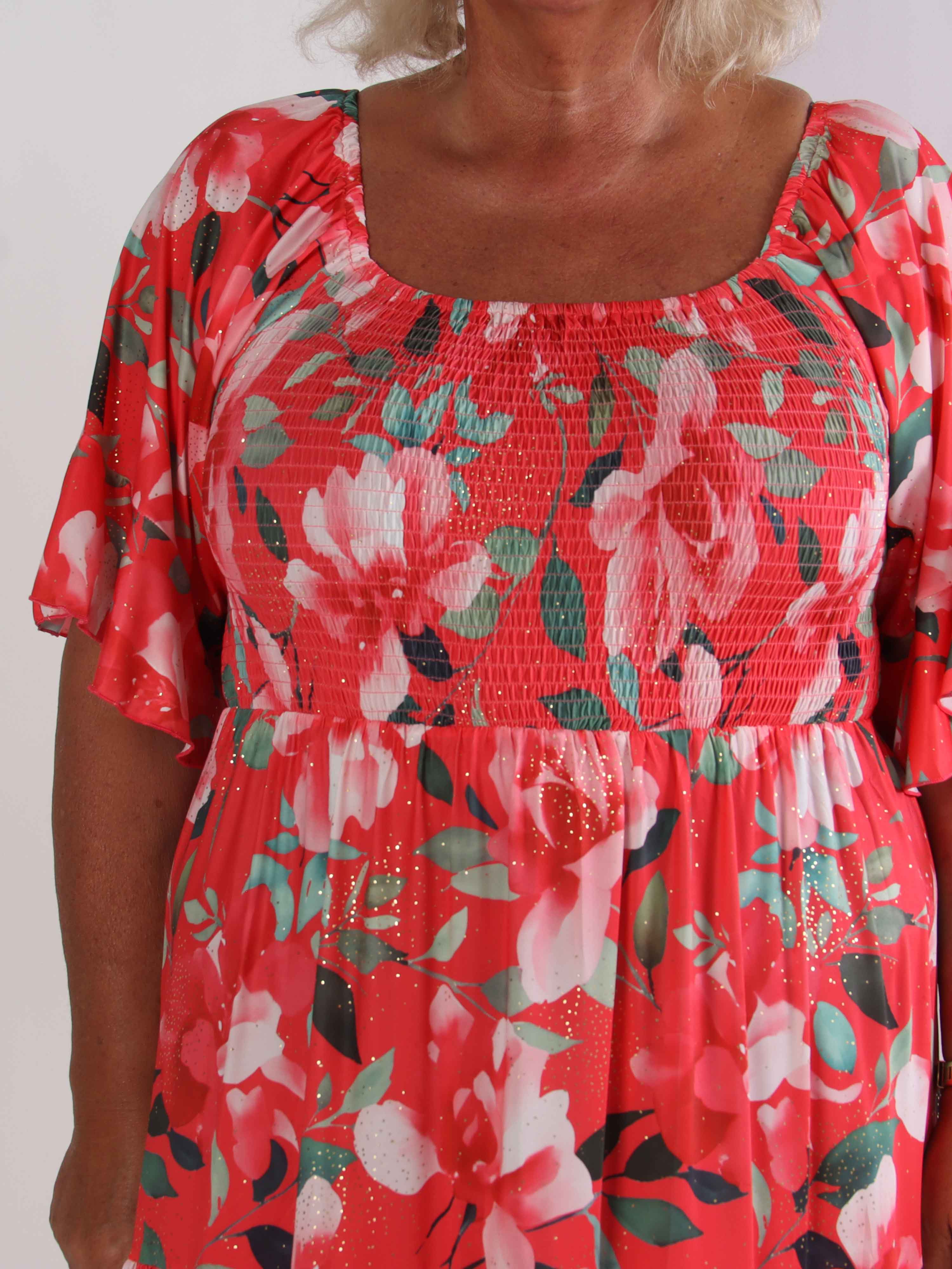 Elna Fiore - Blomstret elastisk plus size kjole med smock over brystet