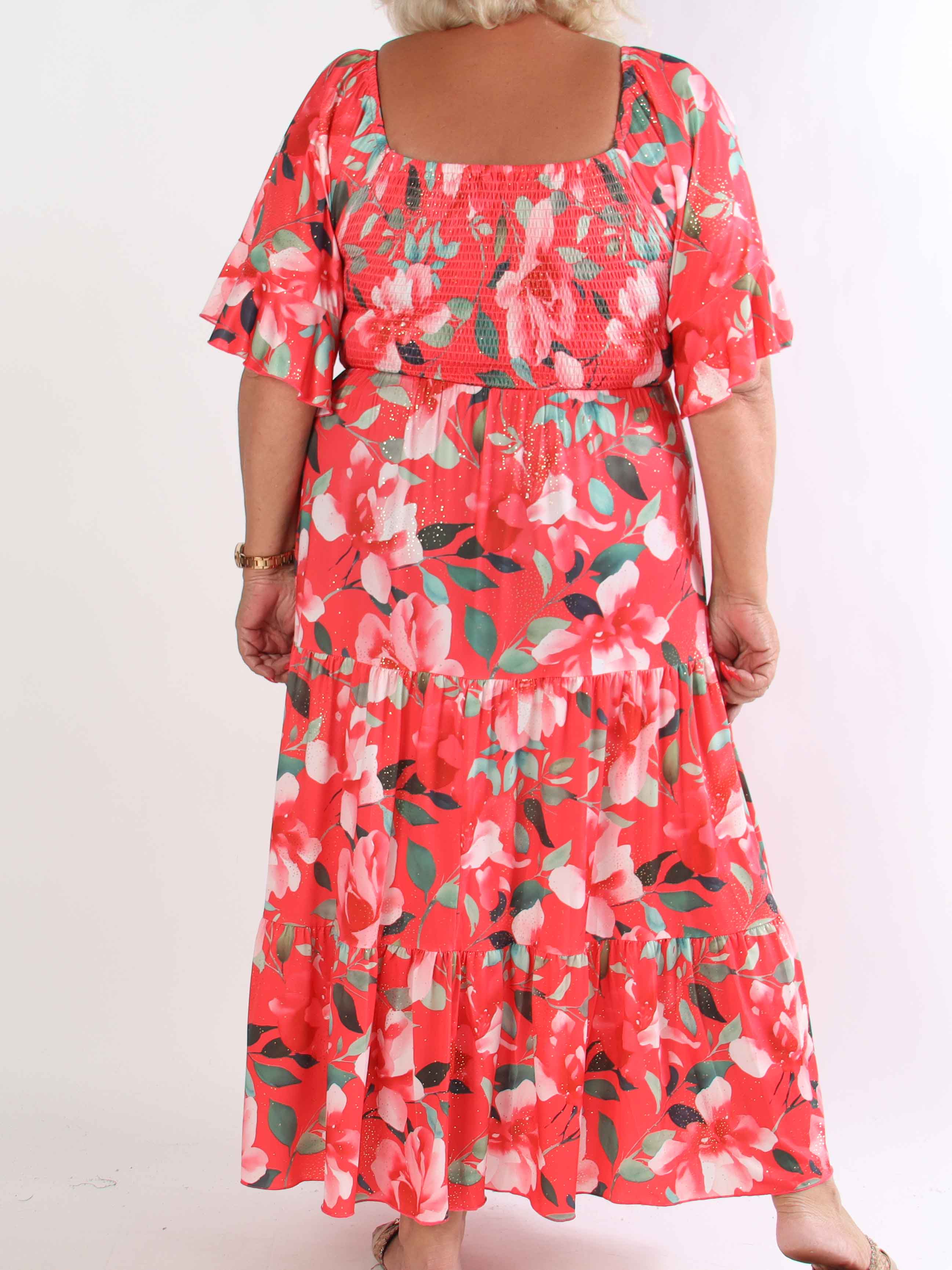 Elna Fiore - Blomstret elastisk plus size kjole med smock over brystet