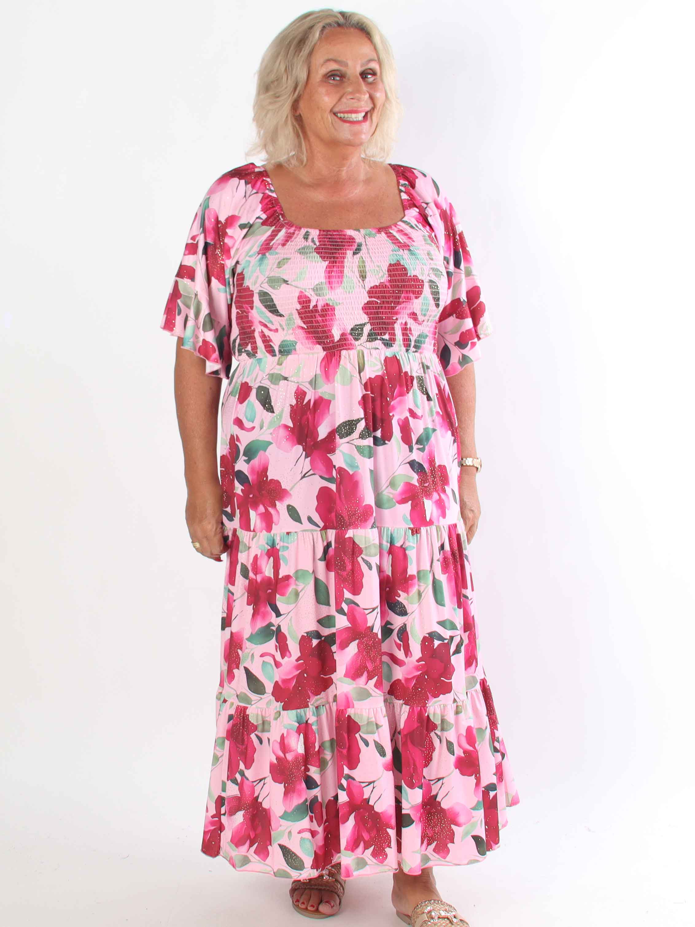 Elna Fiore - Blomstret elastisk plus size kjole med smock over brystet