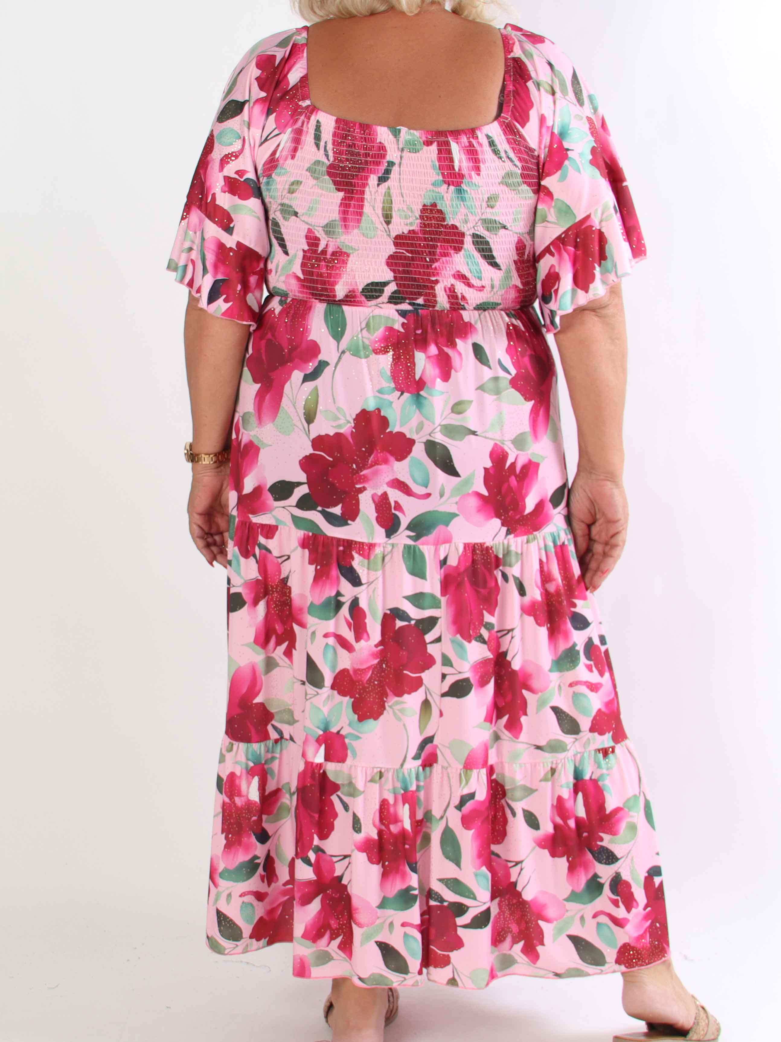 Elna Fiore - Blomstret elastisk plus size kjole med smock over brystet