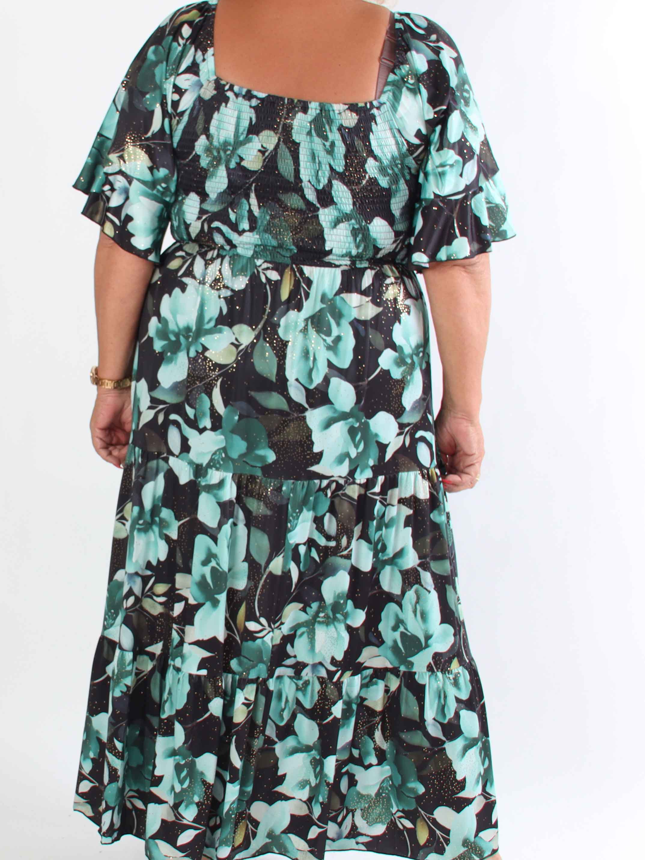 Elna Fiore - Blomstret elastisk plus size kjole med smock over brystet