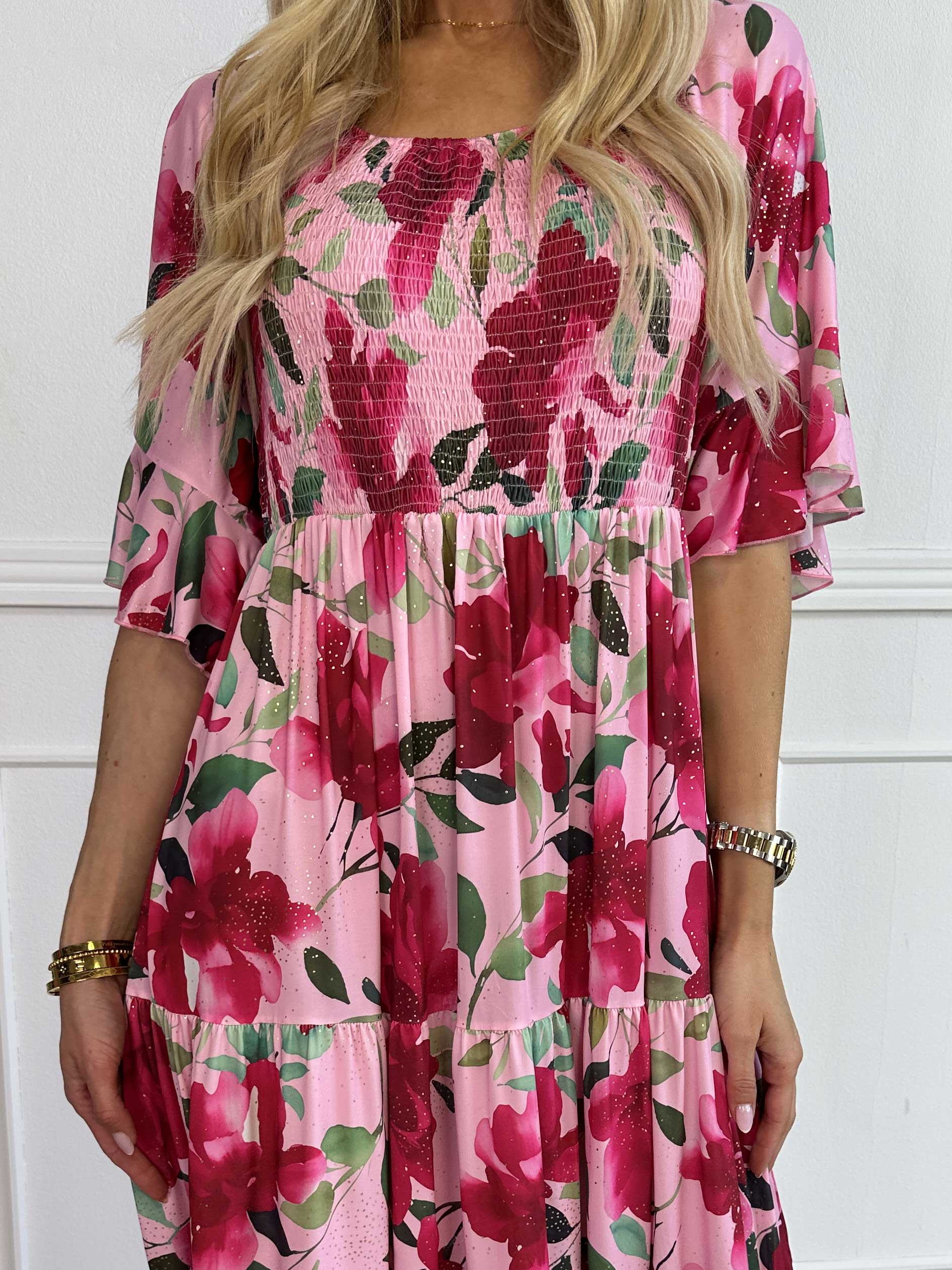 Elna Fiore - Blomstret elastisk kjole med smock over brystet