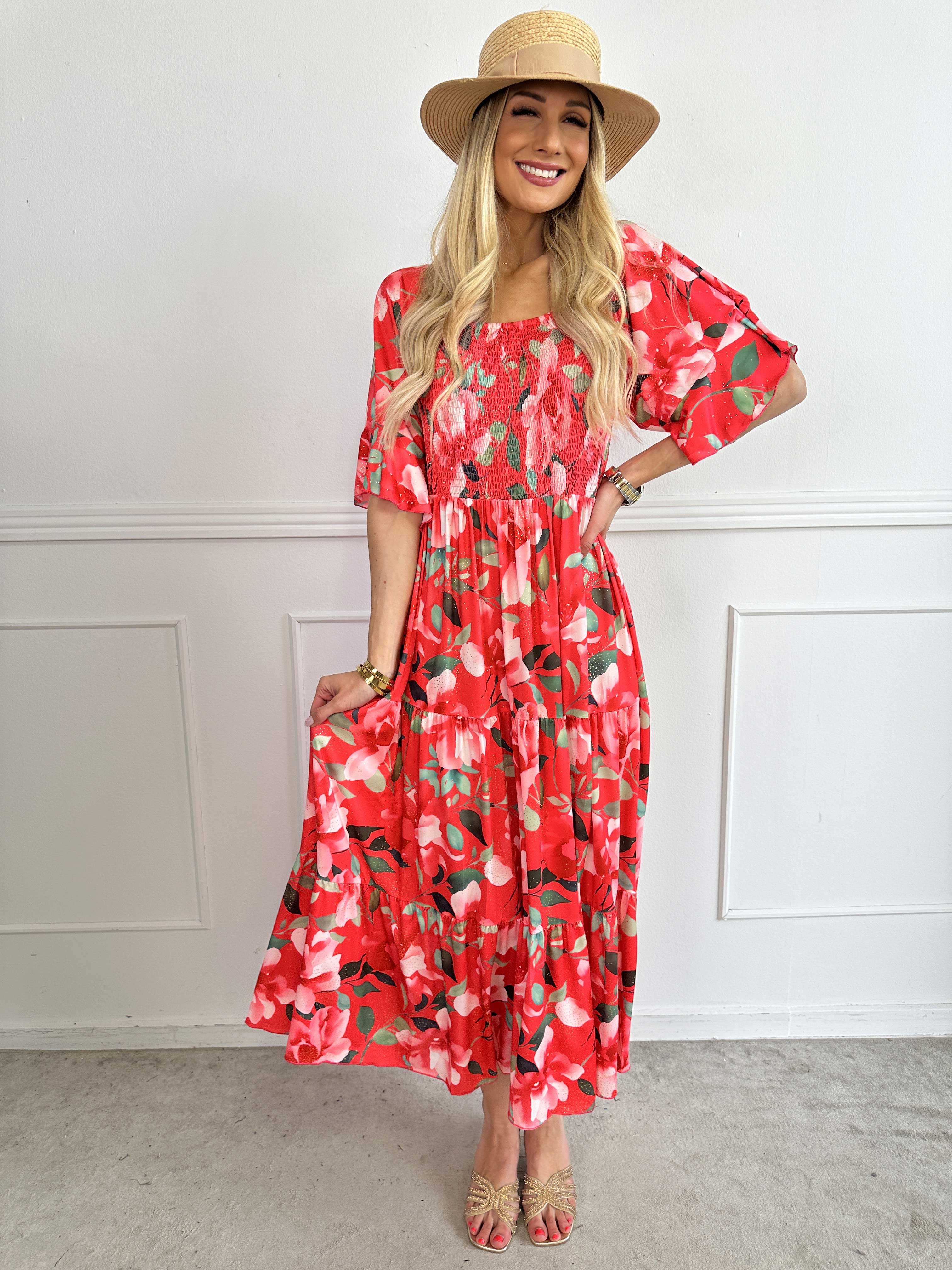 Elna Fiore - Blomstret elastisk kjole med smock over brystet