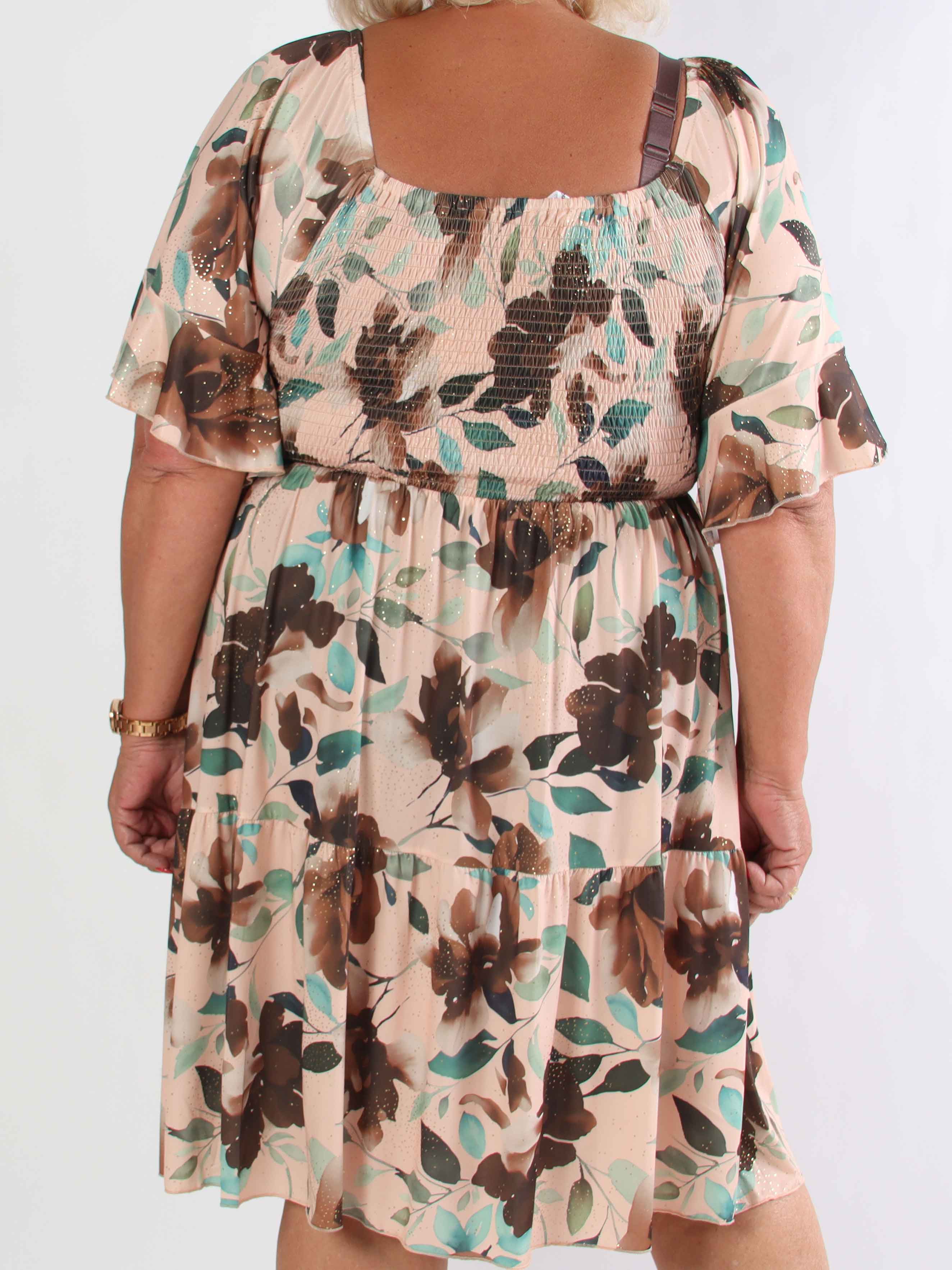 Elna Fiore Short - Blomstret elastisk plus size kjole med smock over brystet