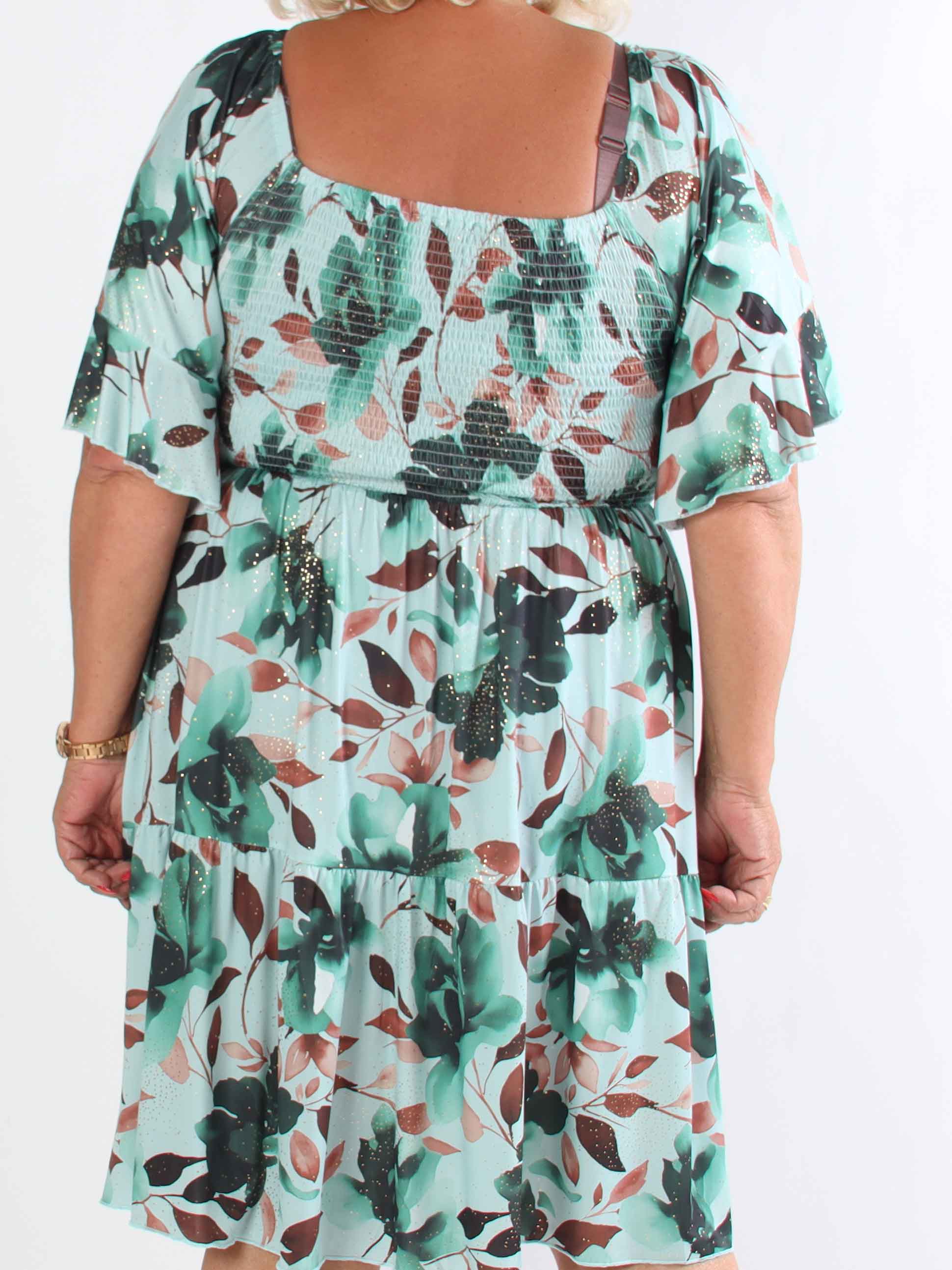 Elna Fiore Short - Blomstret elastisk plus size kjole med smock over brystet