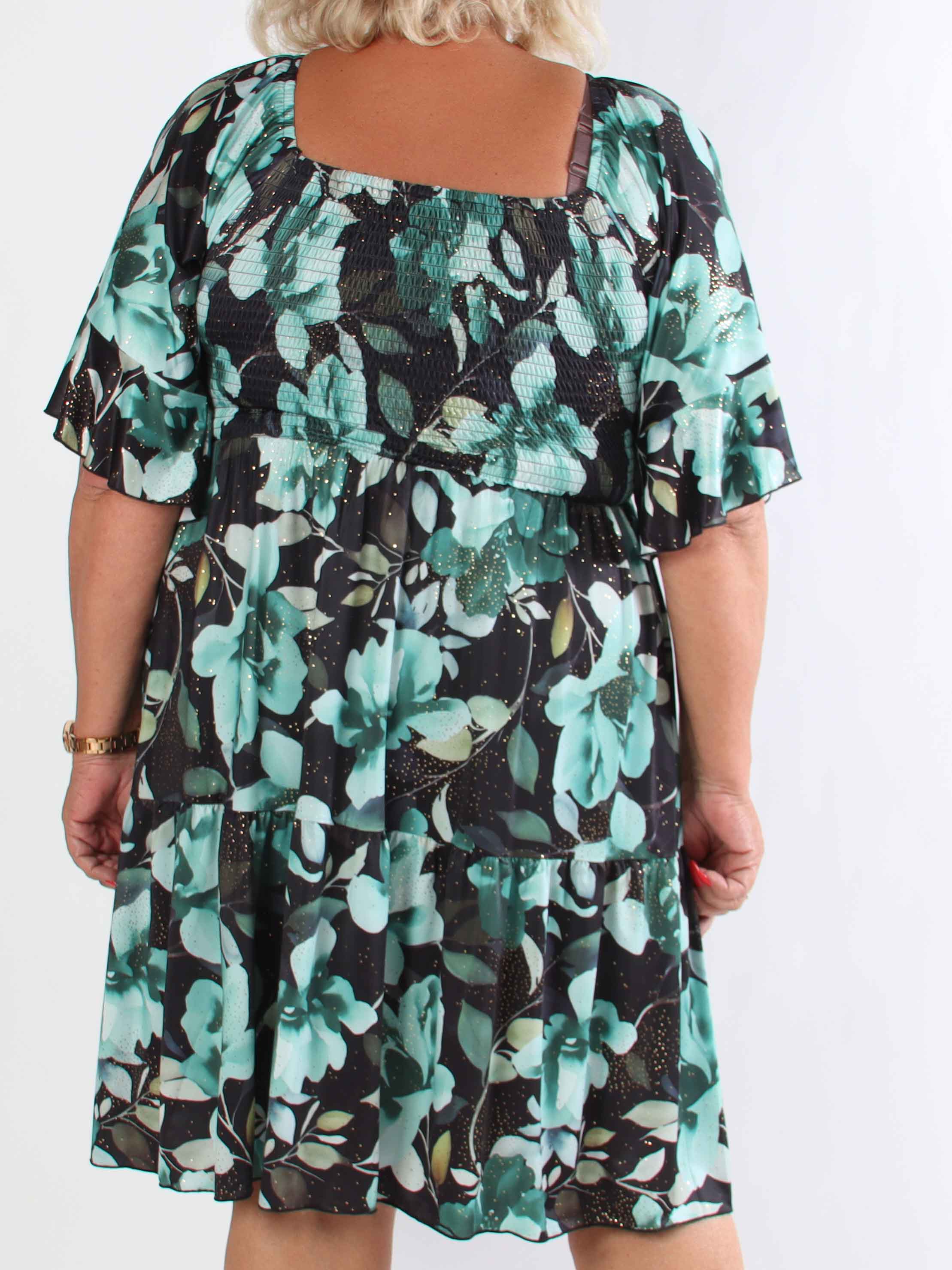 Elna Fiore Short - Blomstret elastisk plus size kjole med smock over brystet