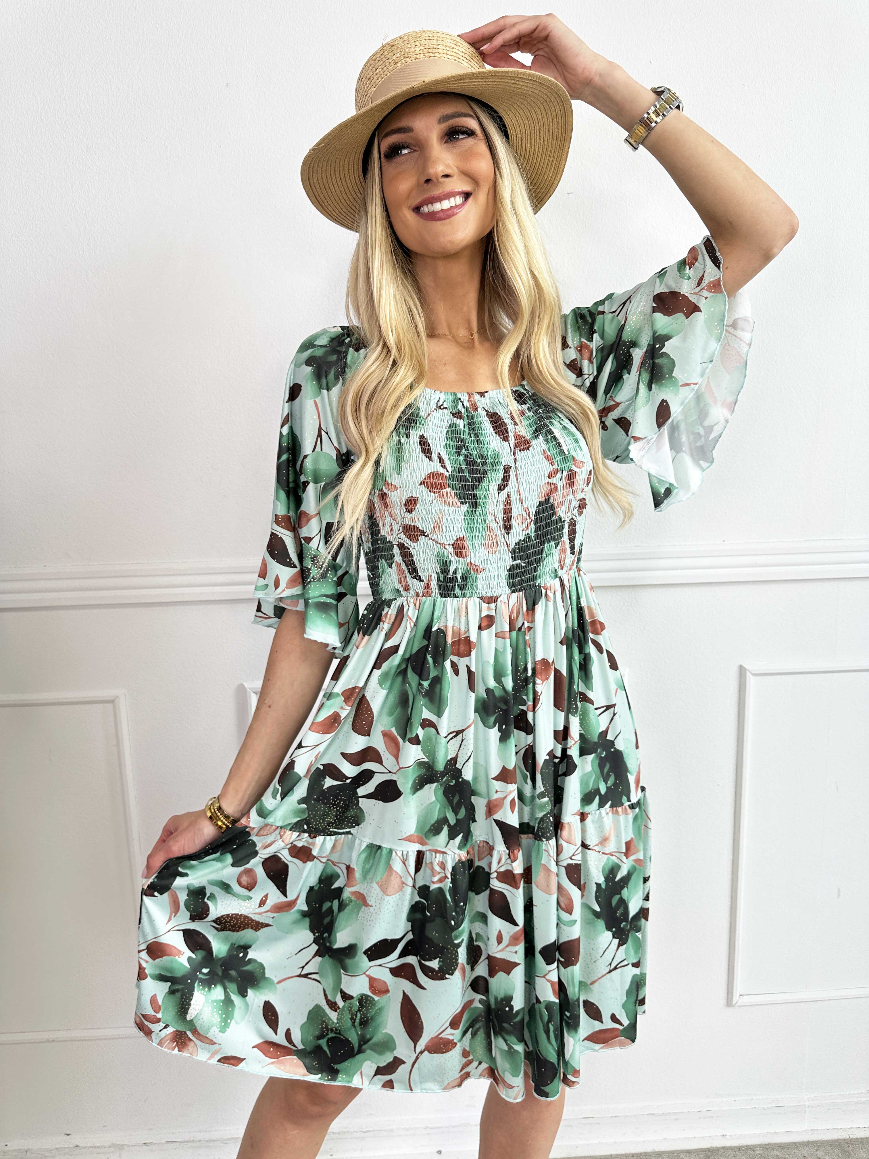 Elna Fiore Short - Blomstret elastisk kjole med smock over brystet