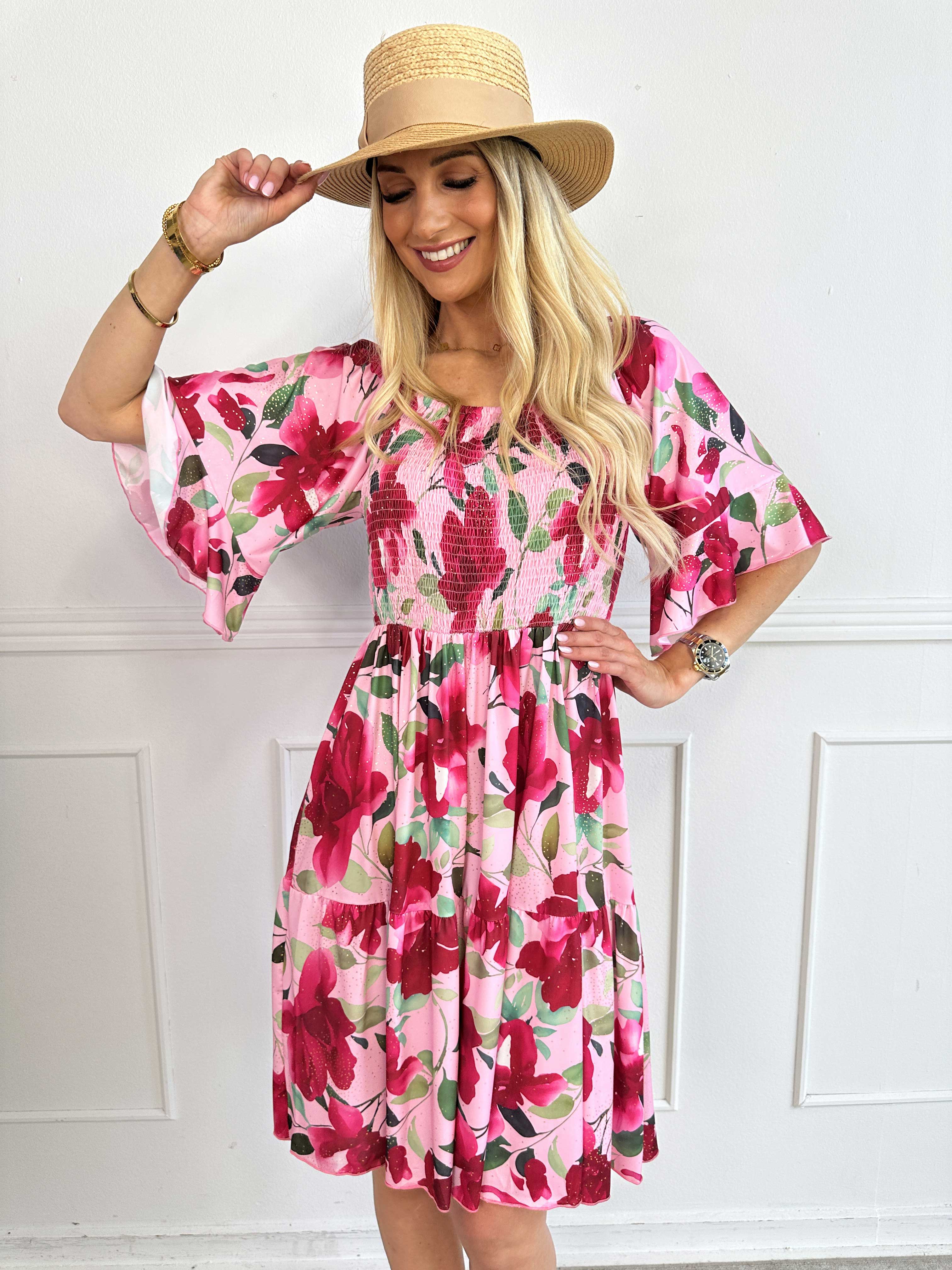 Elna Fiore Short - Blomstret elastisk kjole med smock over brystet