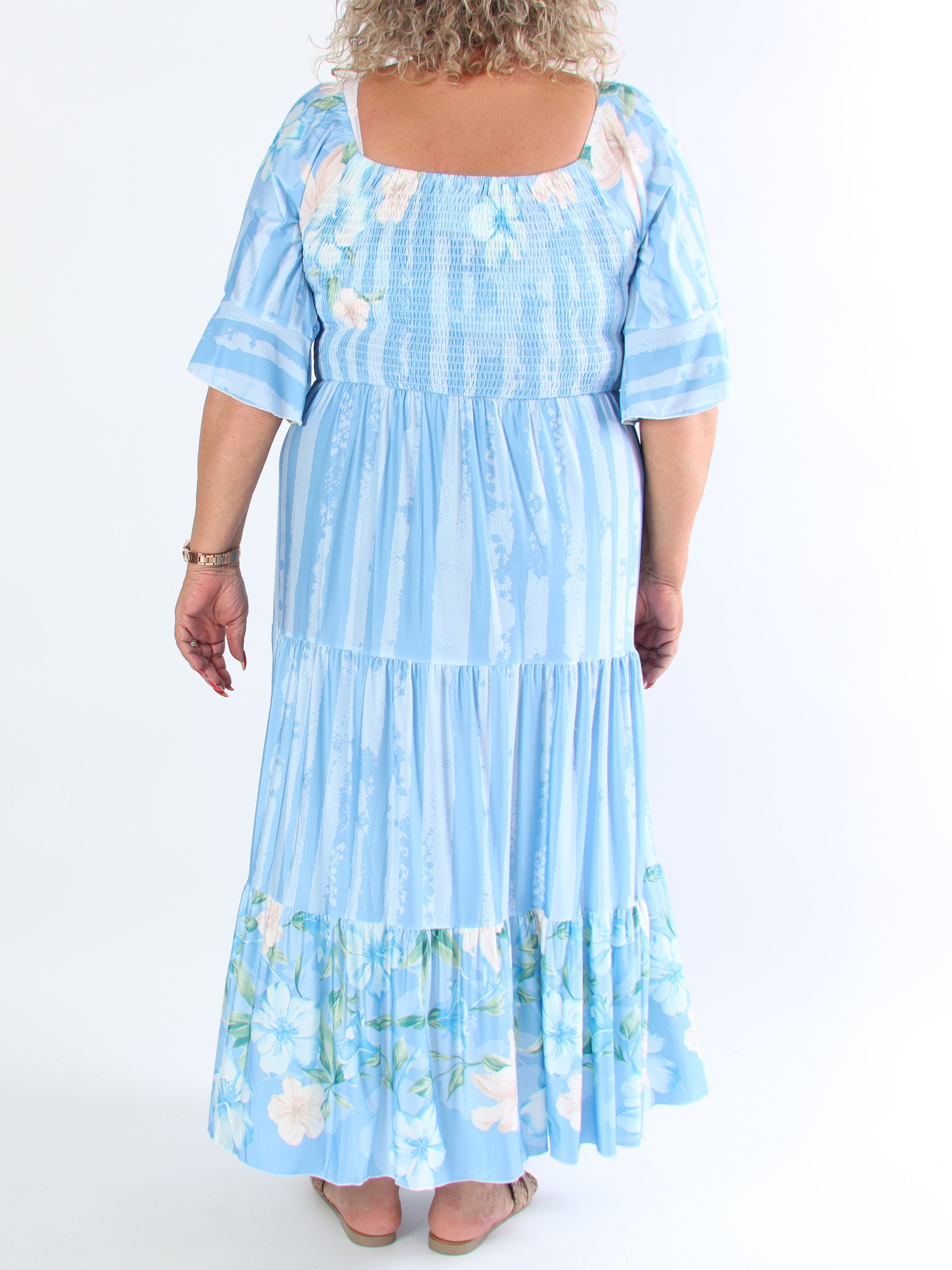 Elna Floral Stripe - Sød elastisk plus size kjole med smock over brystet