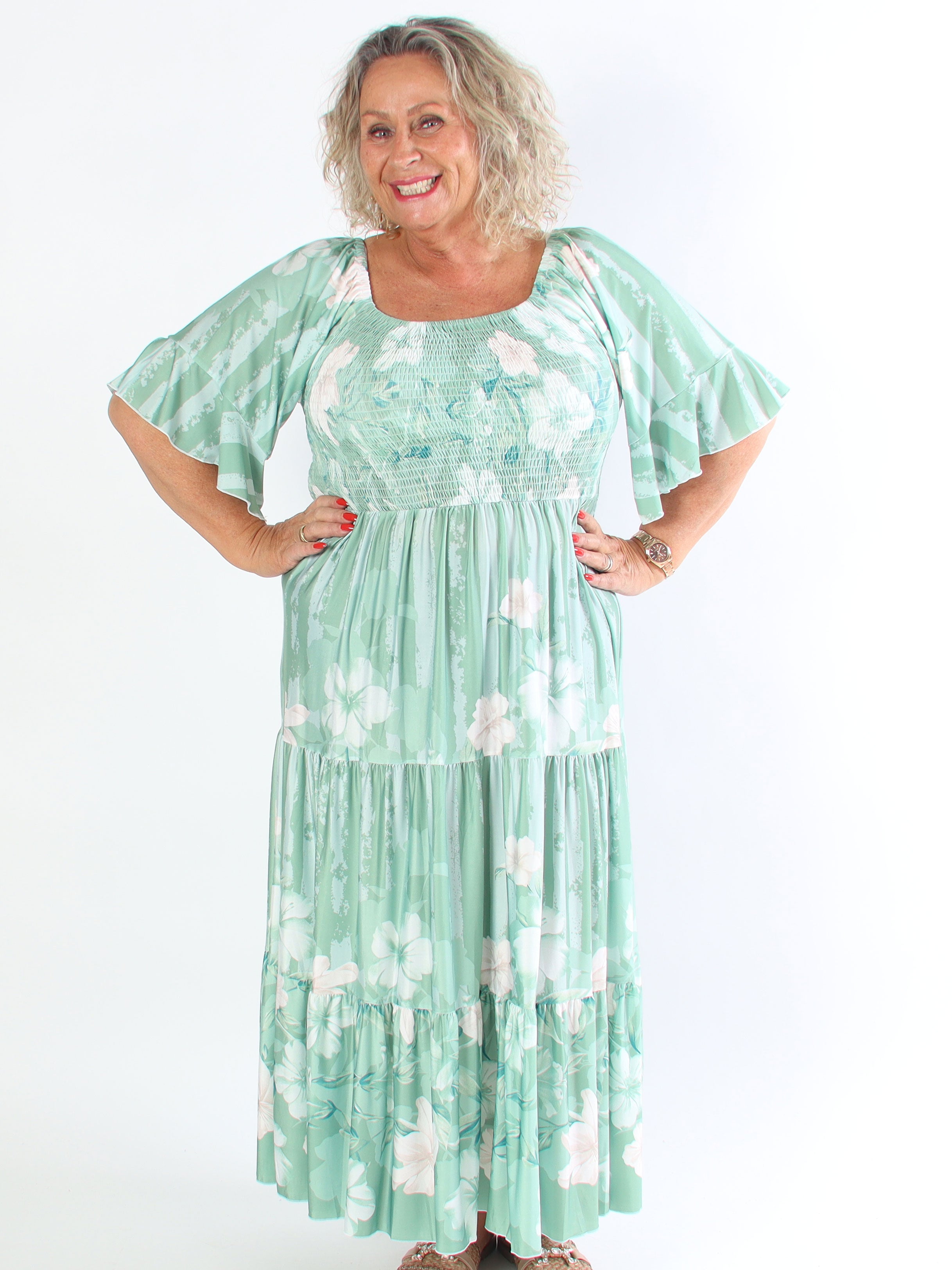 Elna Floral Stripe - Sød elastisk plus size kjole med smock over brystet