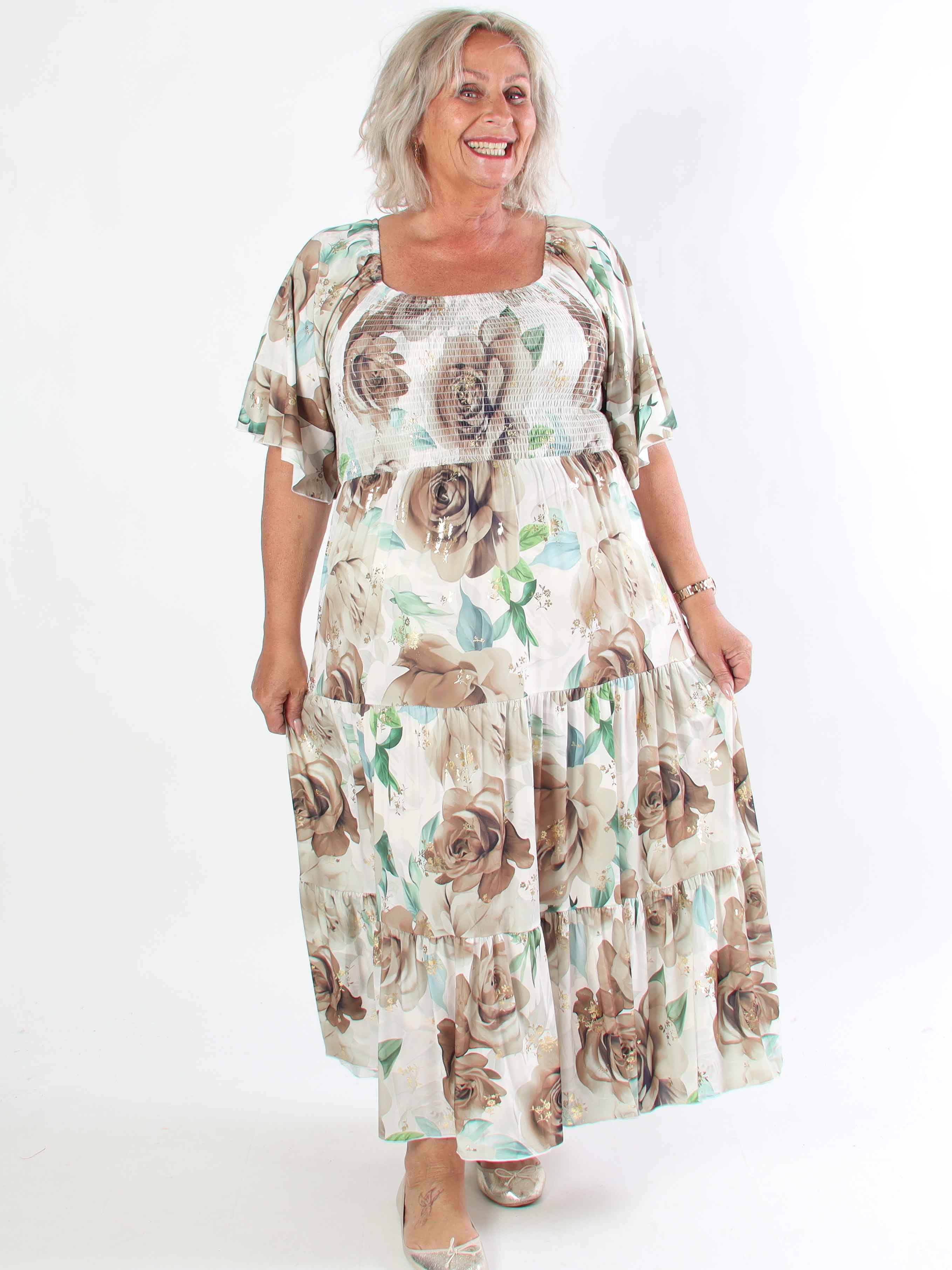 Elna Flower - Plus size elastisk kjole med smock over brystet