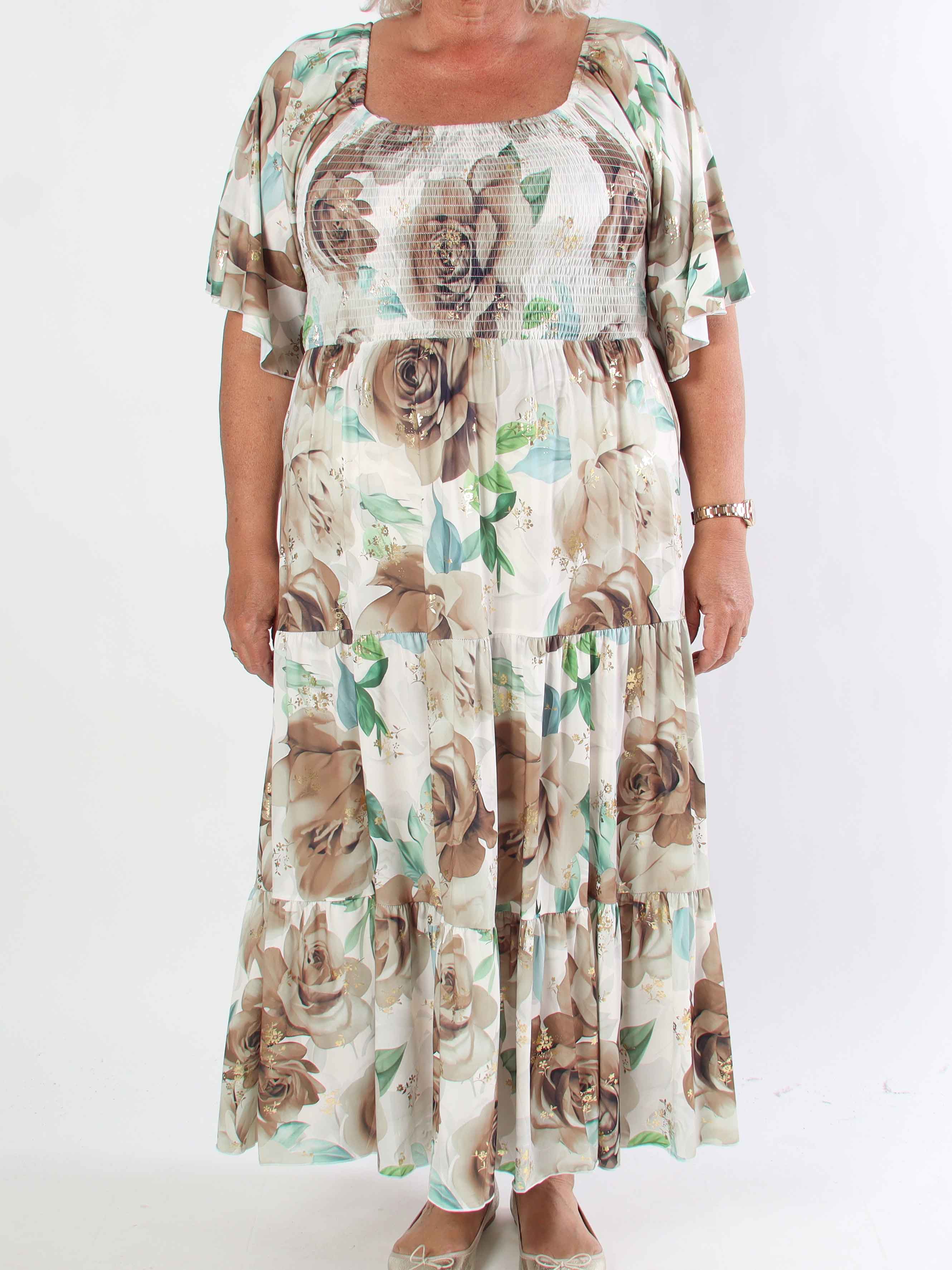 Elna Flower - Plus size elastisk kjole med smock over brystet