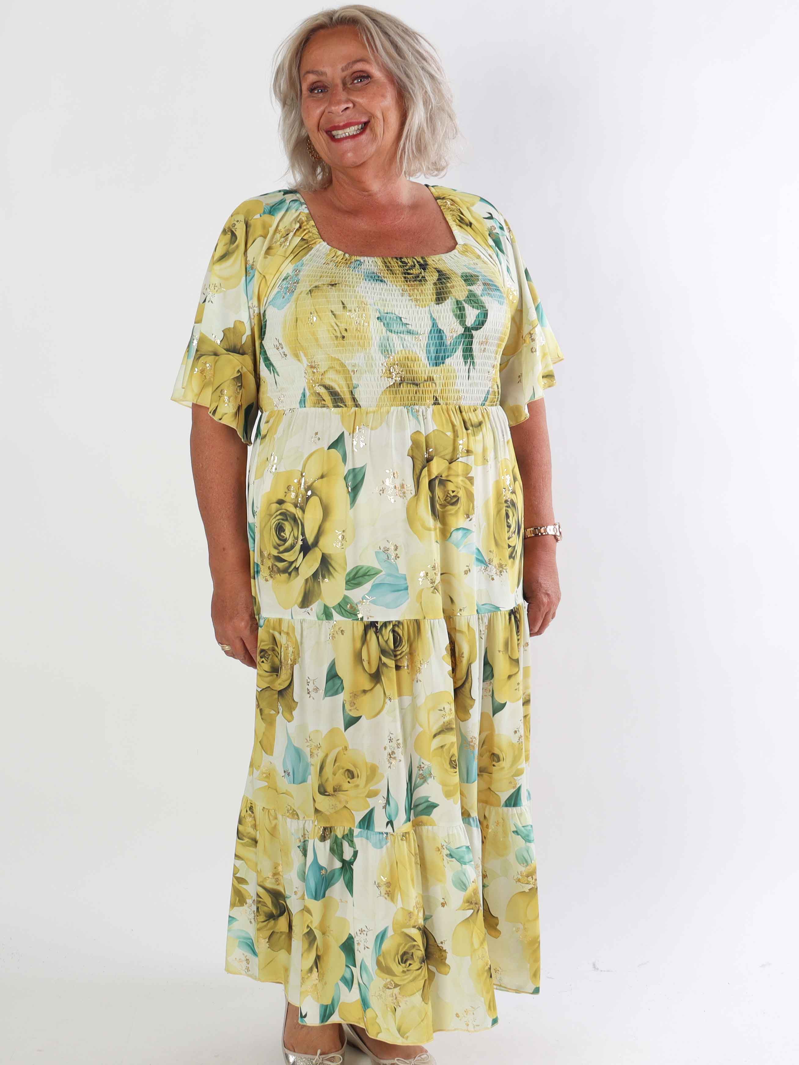 Elna Flower - Plus size elastisk kjole med smock over brystet