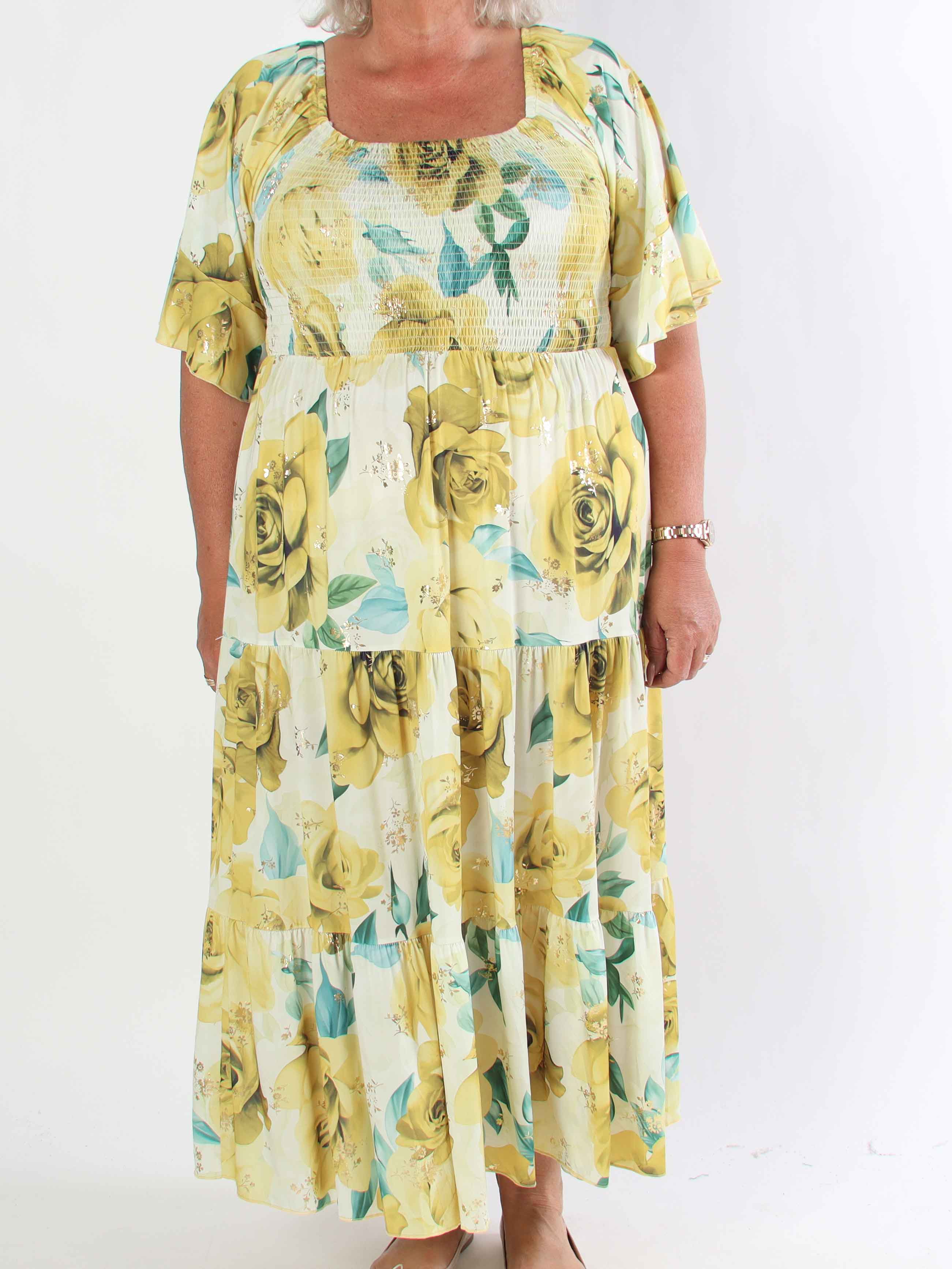 Elna Flower - Plus size elastisk kjole med smock over brystet