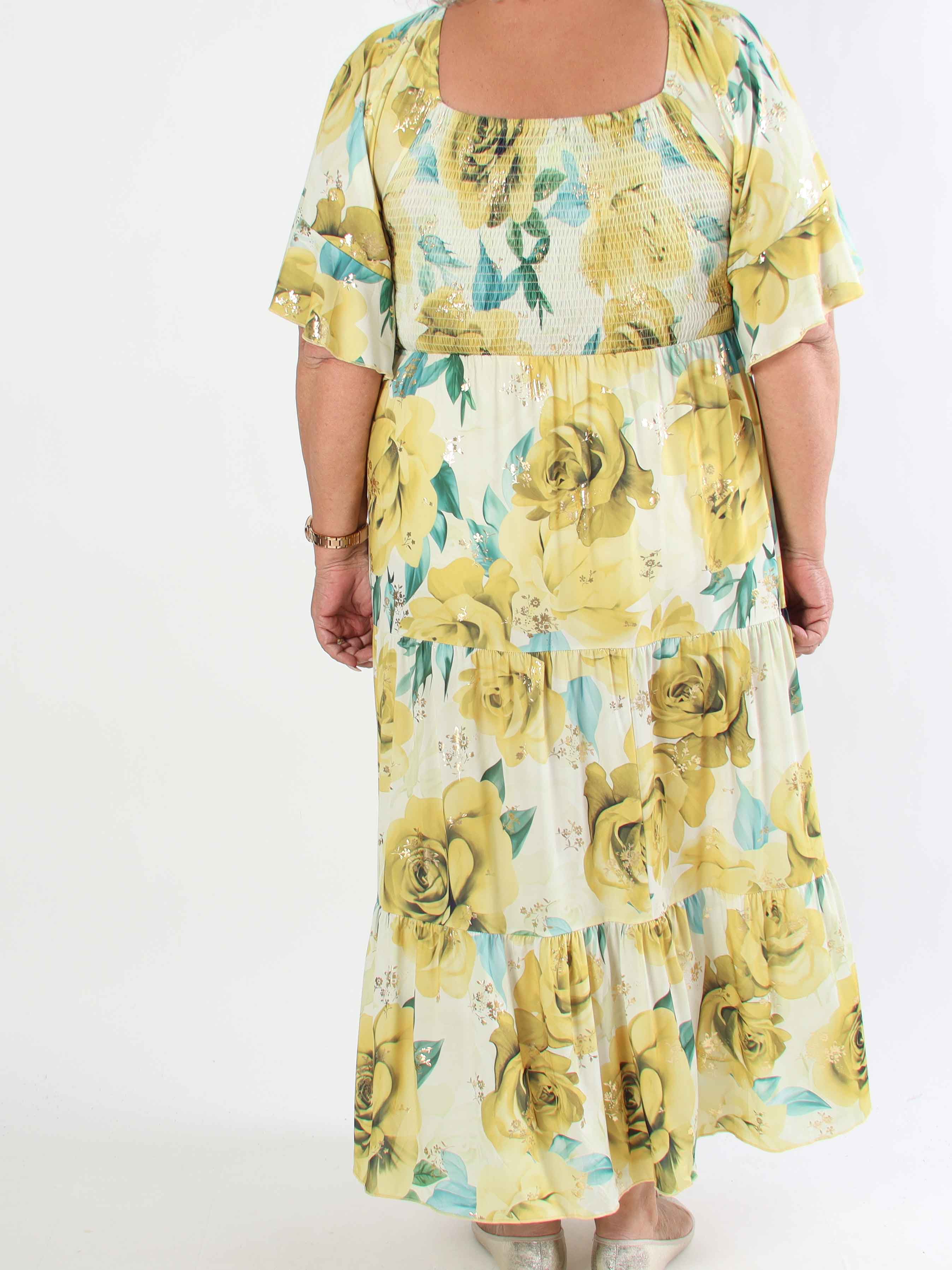 Elna Flower - Plus size elastisk kjole med smock over brystet