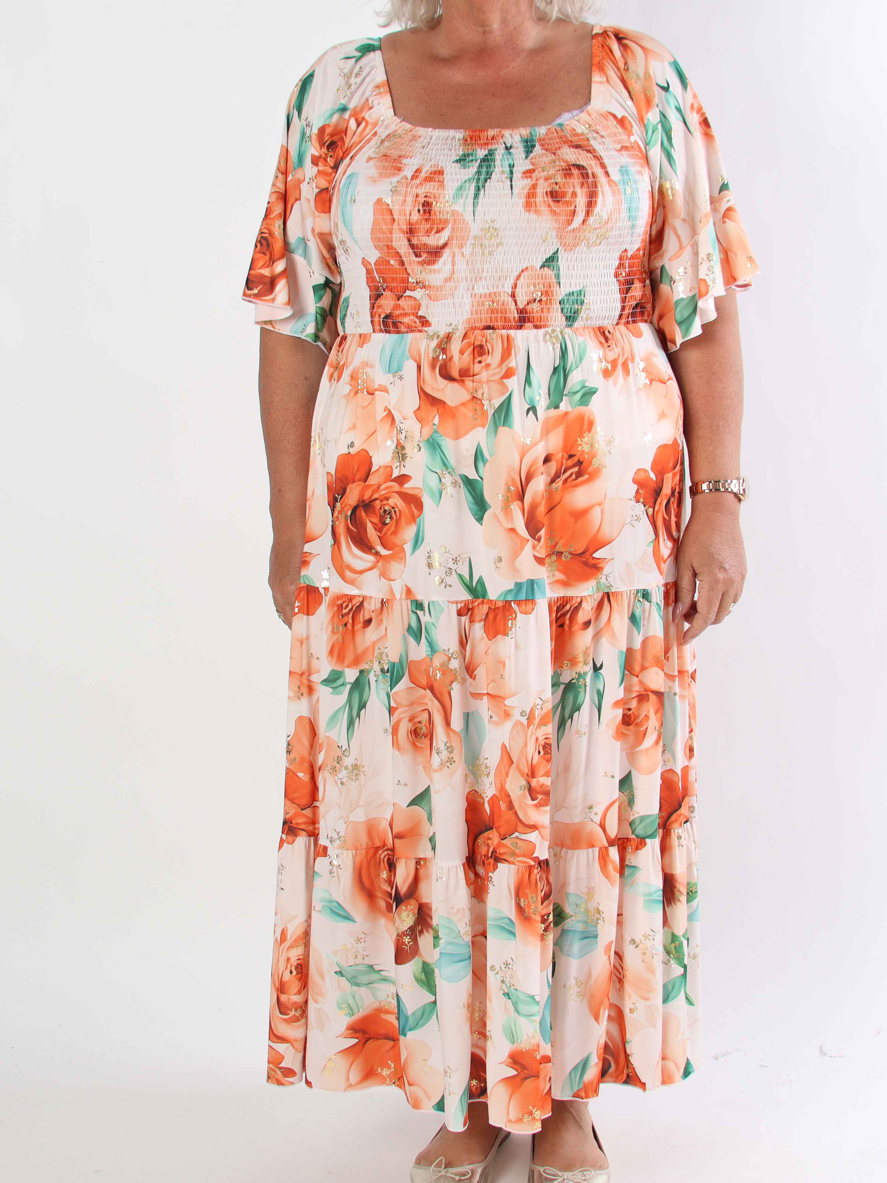 Elna Flower - Plus size elastisk kjole med smock over brystet