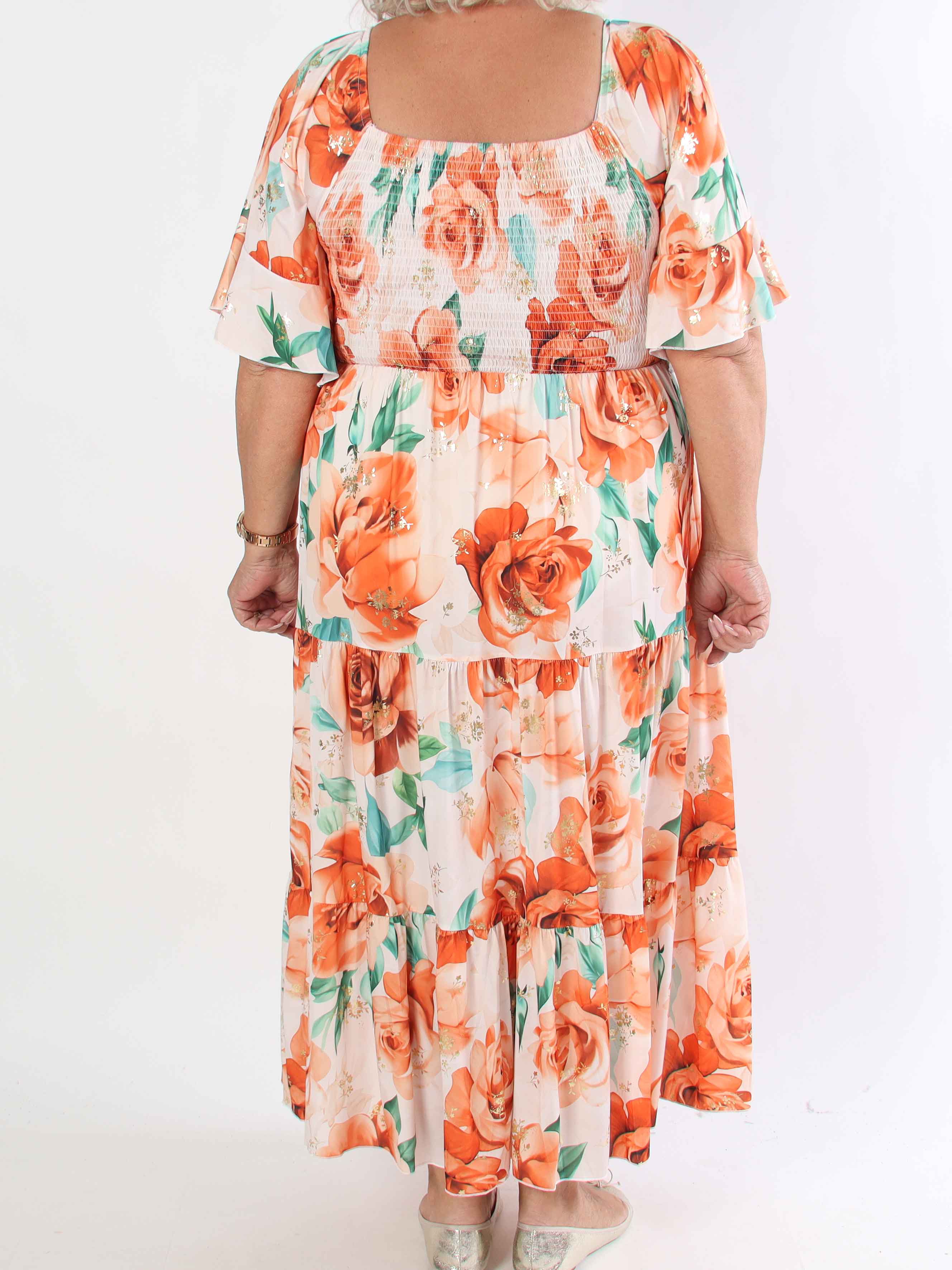 Elna Flower - Plus size elastisk kjole med smock over brystet