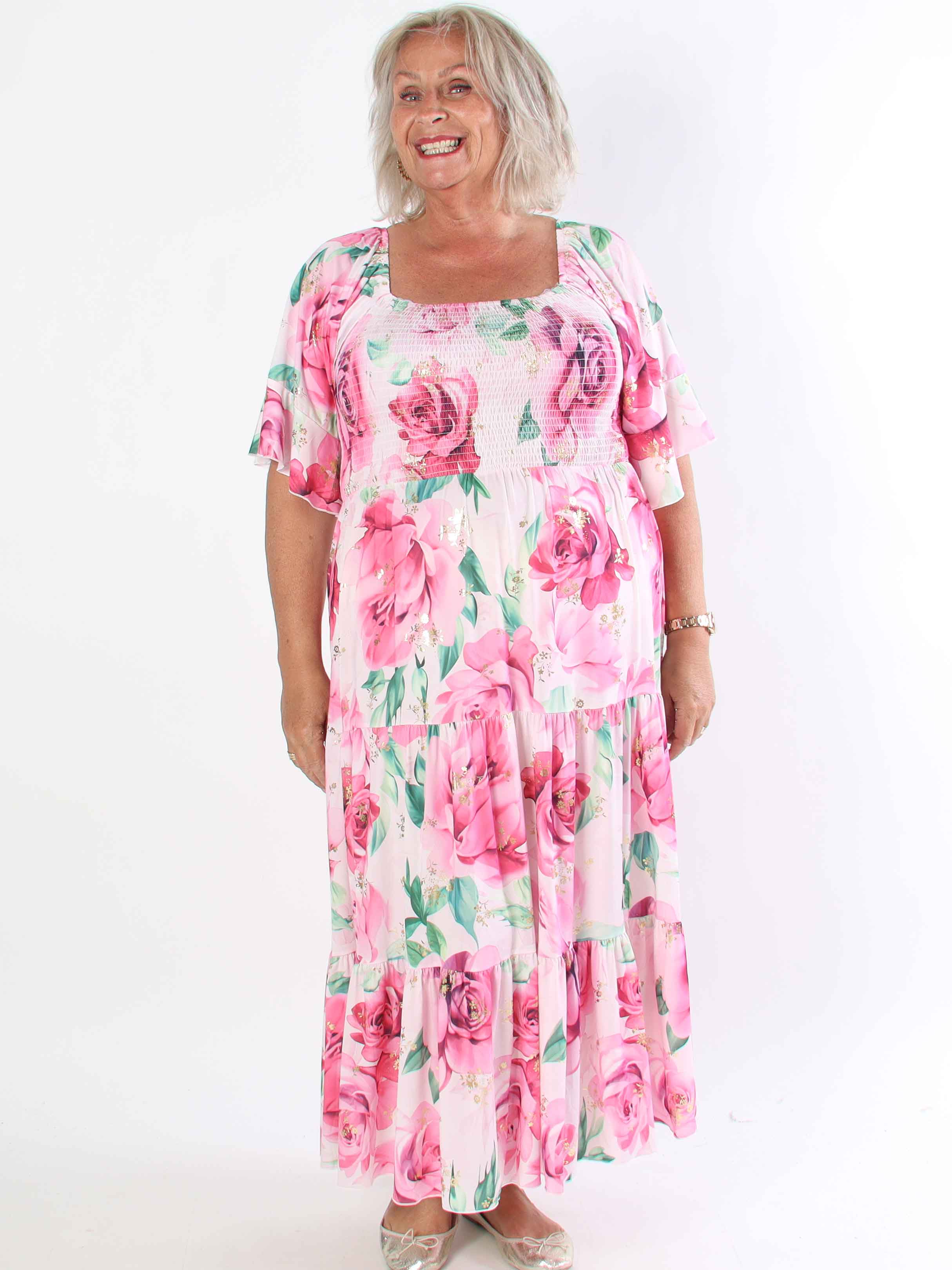 Elna Flower - Plus size elastisk kjole med smock over brystet