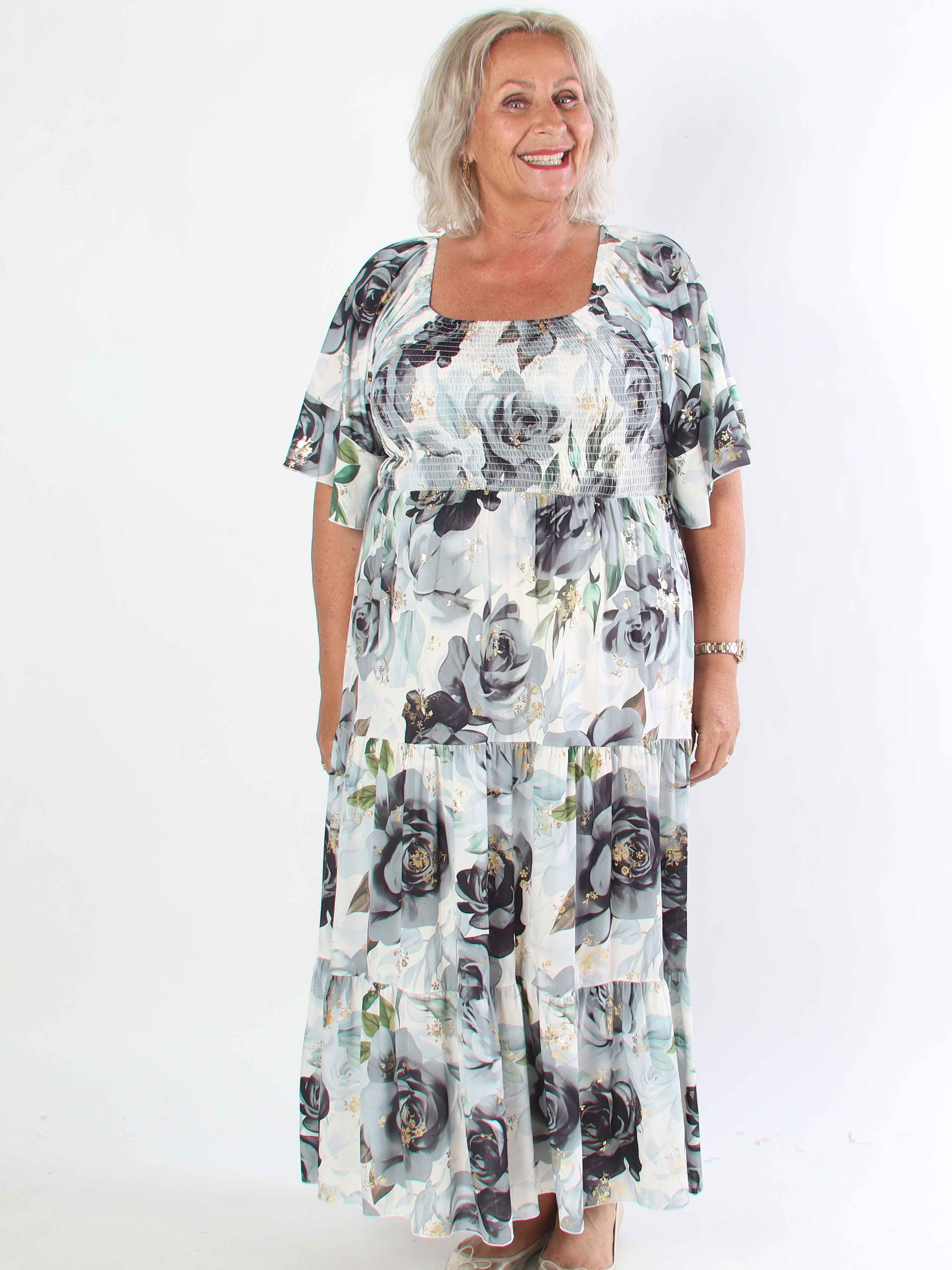 Elna Flower - Plus size elastisk kjole med smock over brystet