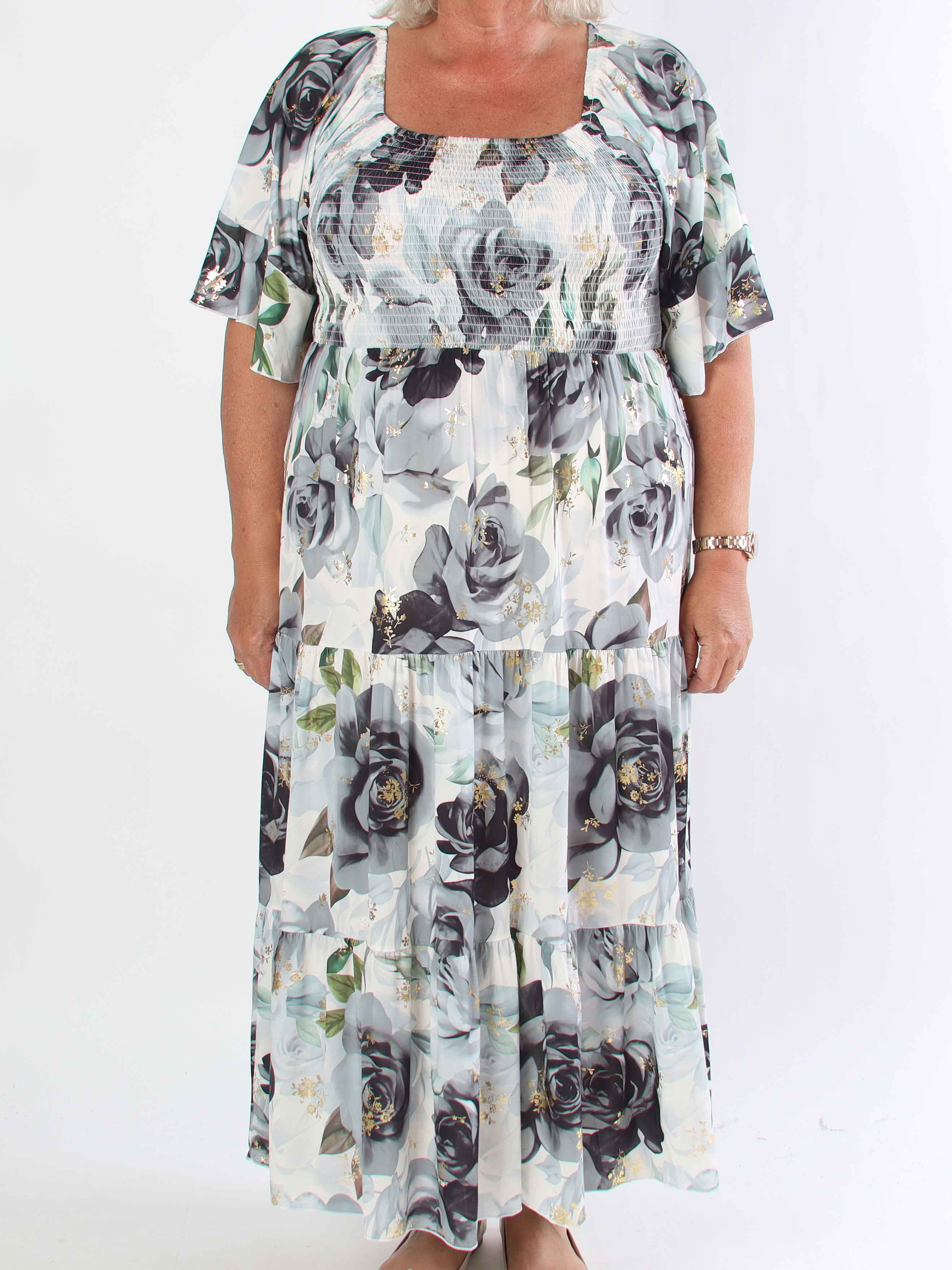 Elna Flower - Plus size elastisk kjole med smock over brystet