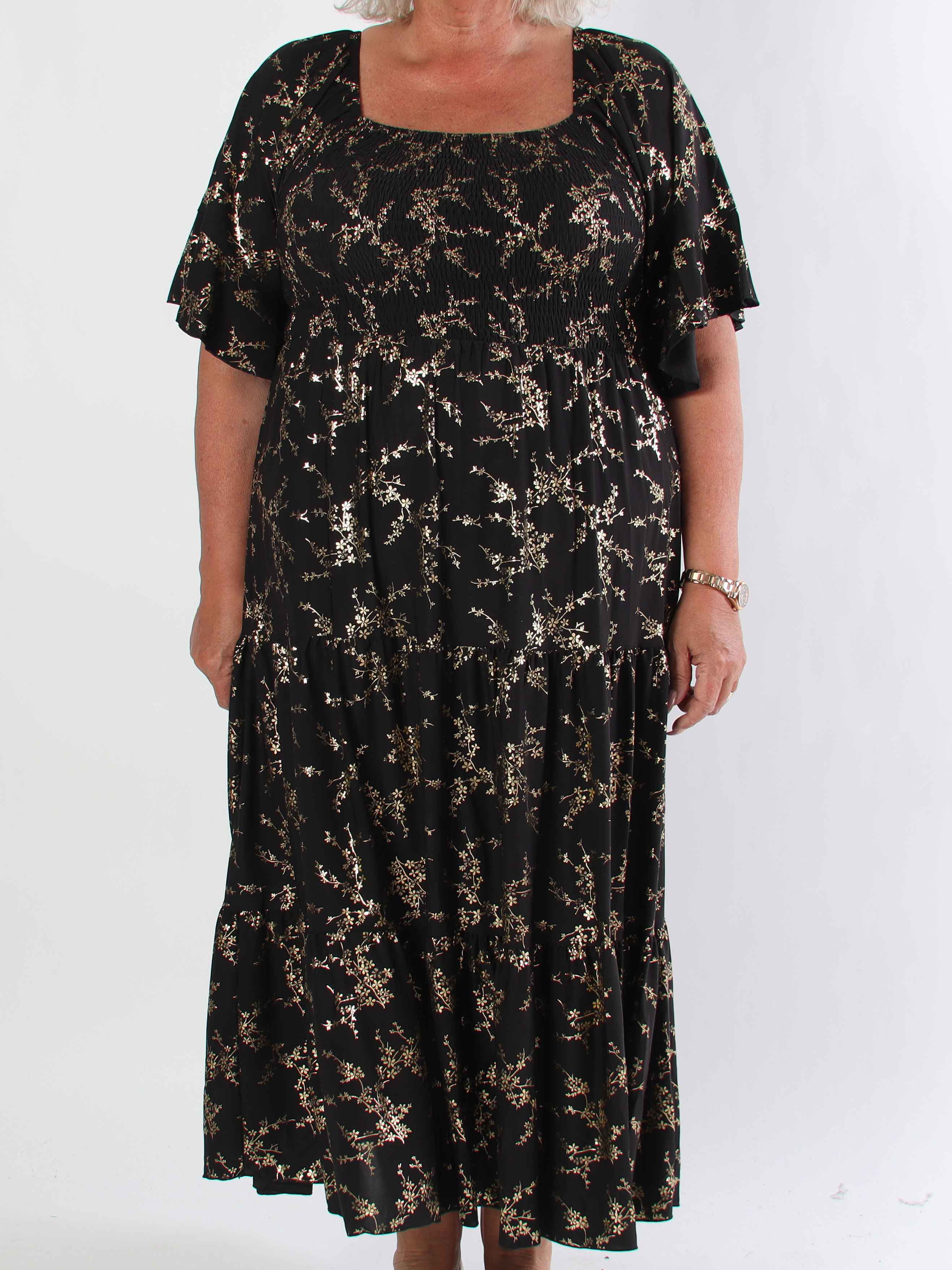 Elna Gold - Ensfarvet plus size kjole med smock og guld print