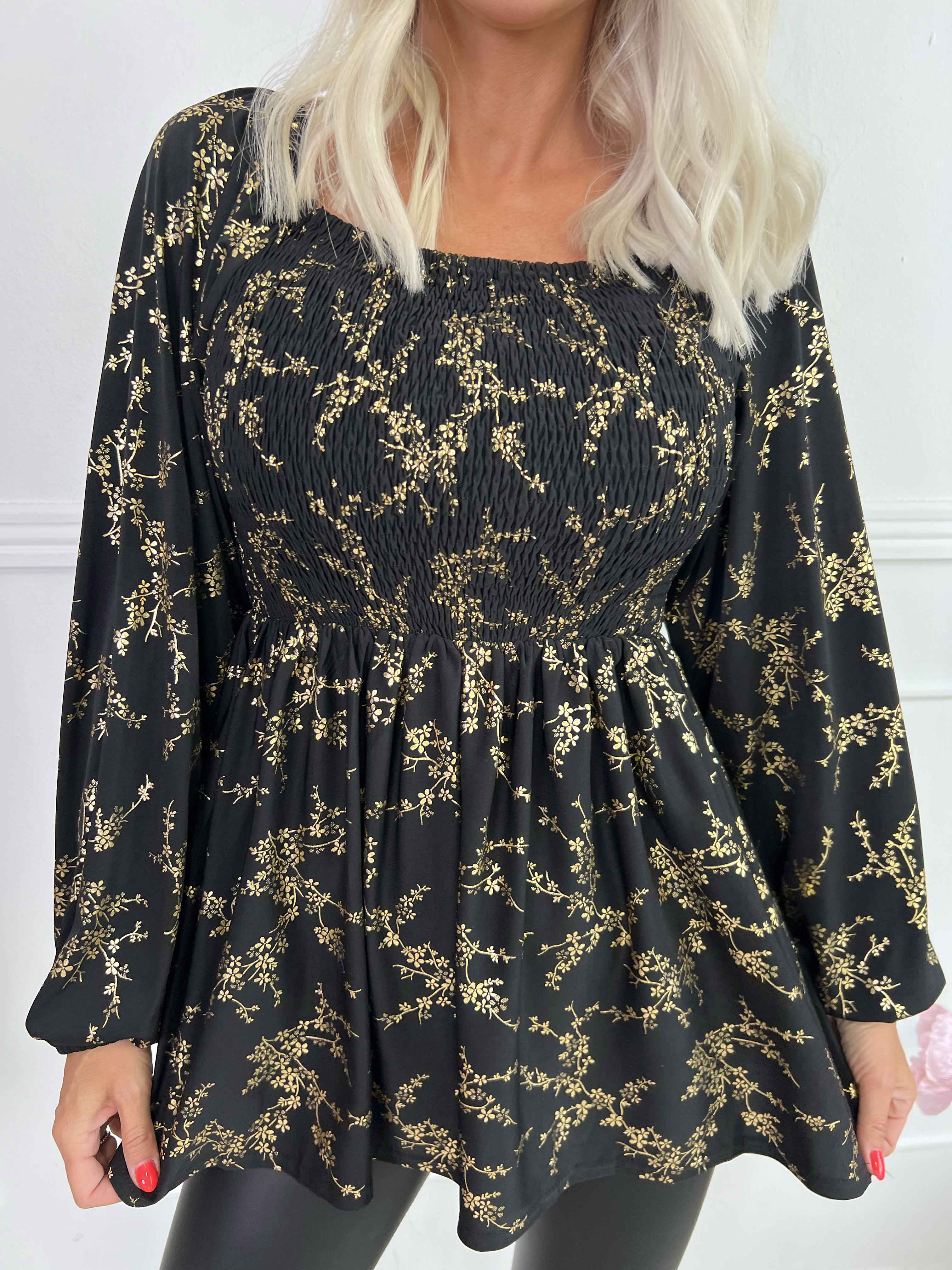 Elna Gold Shirt L/S - Elastisk bluse med guld print og smock over brystet