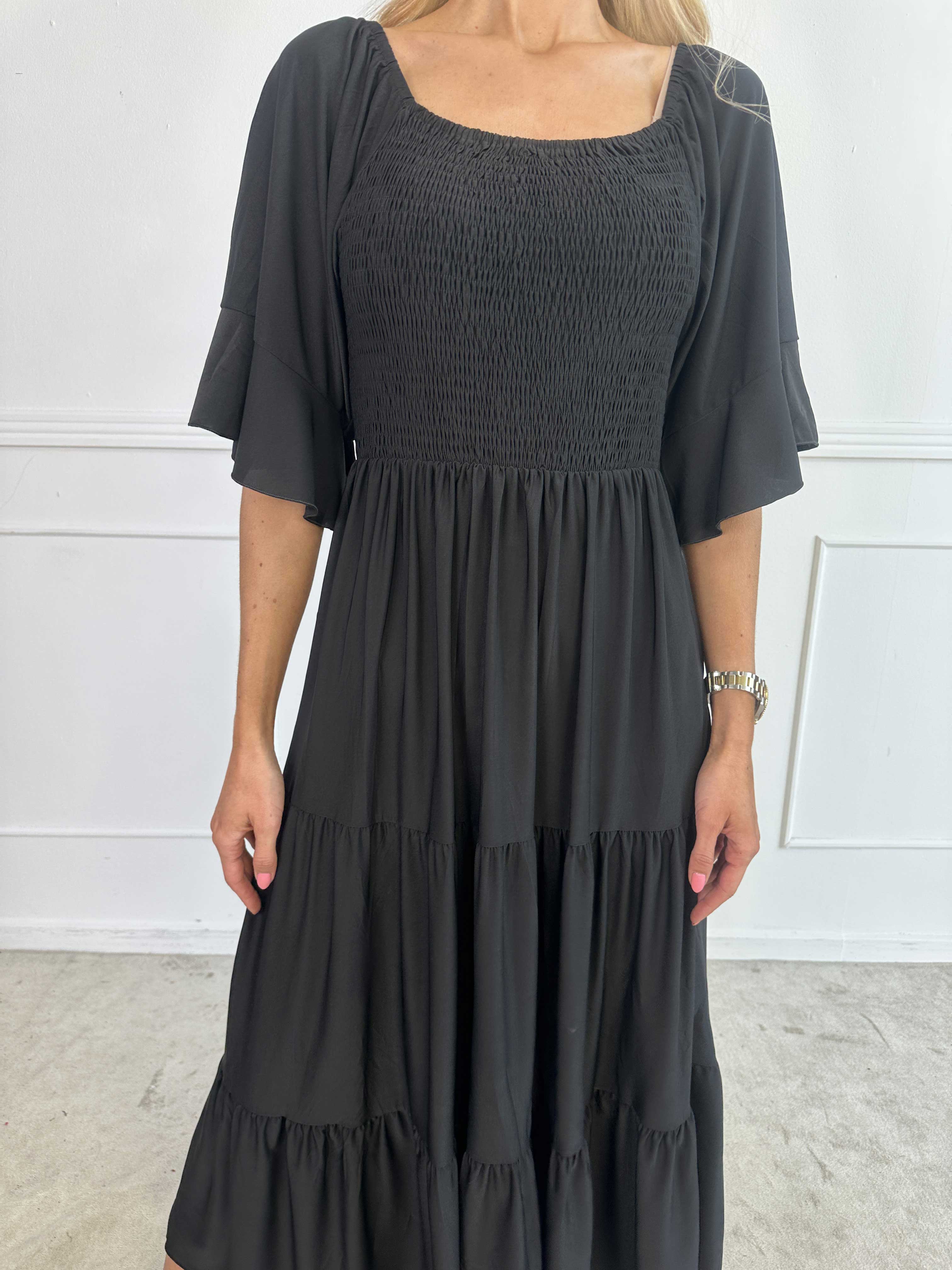 Elna Plain - Lang elastisk plain kjole med smock over brystet