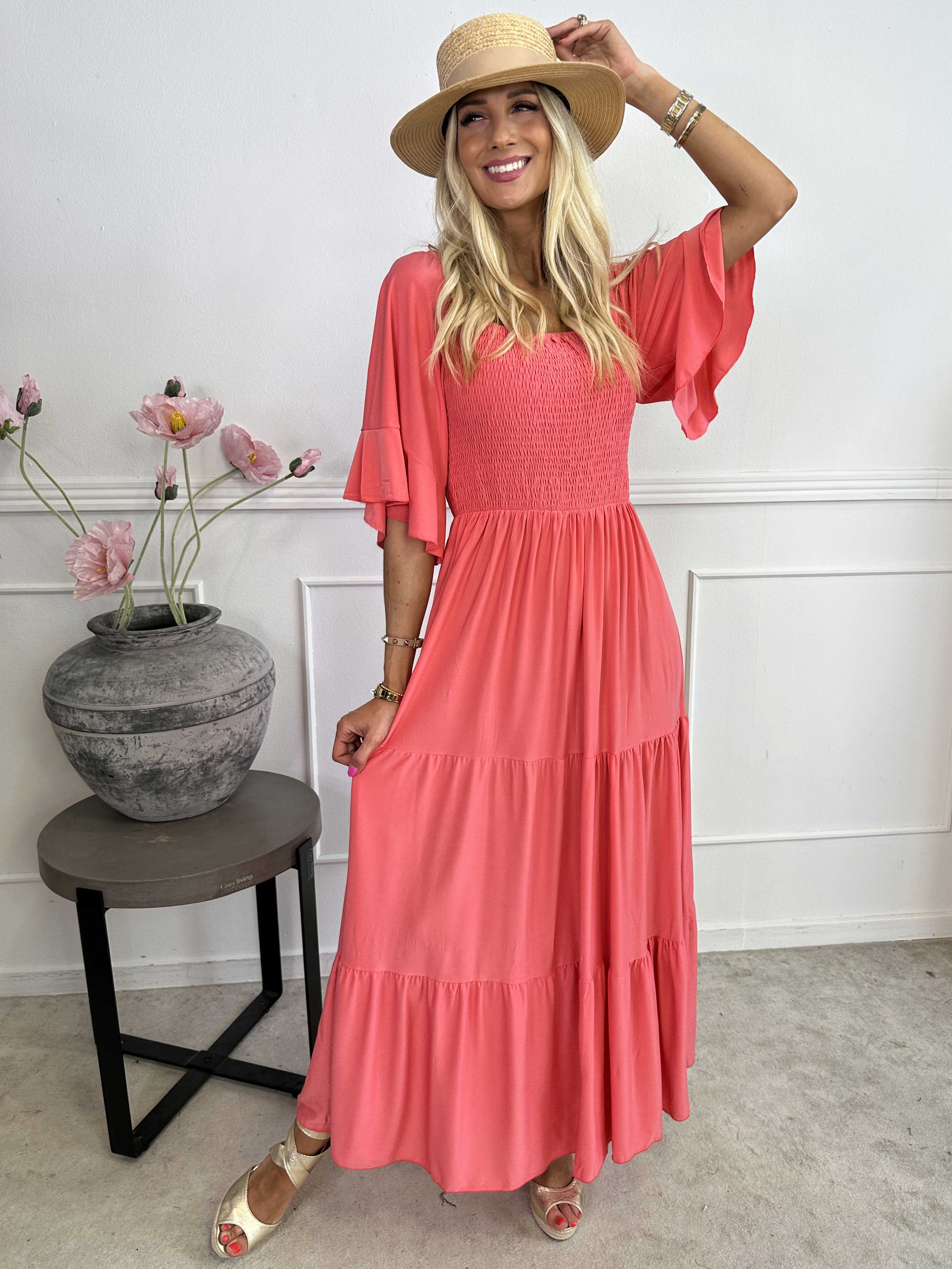 Elna Plain - Lang elastisk plain kjole med smock over brystet