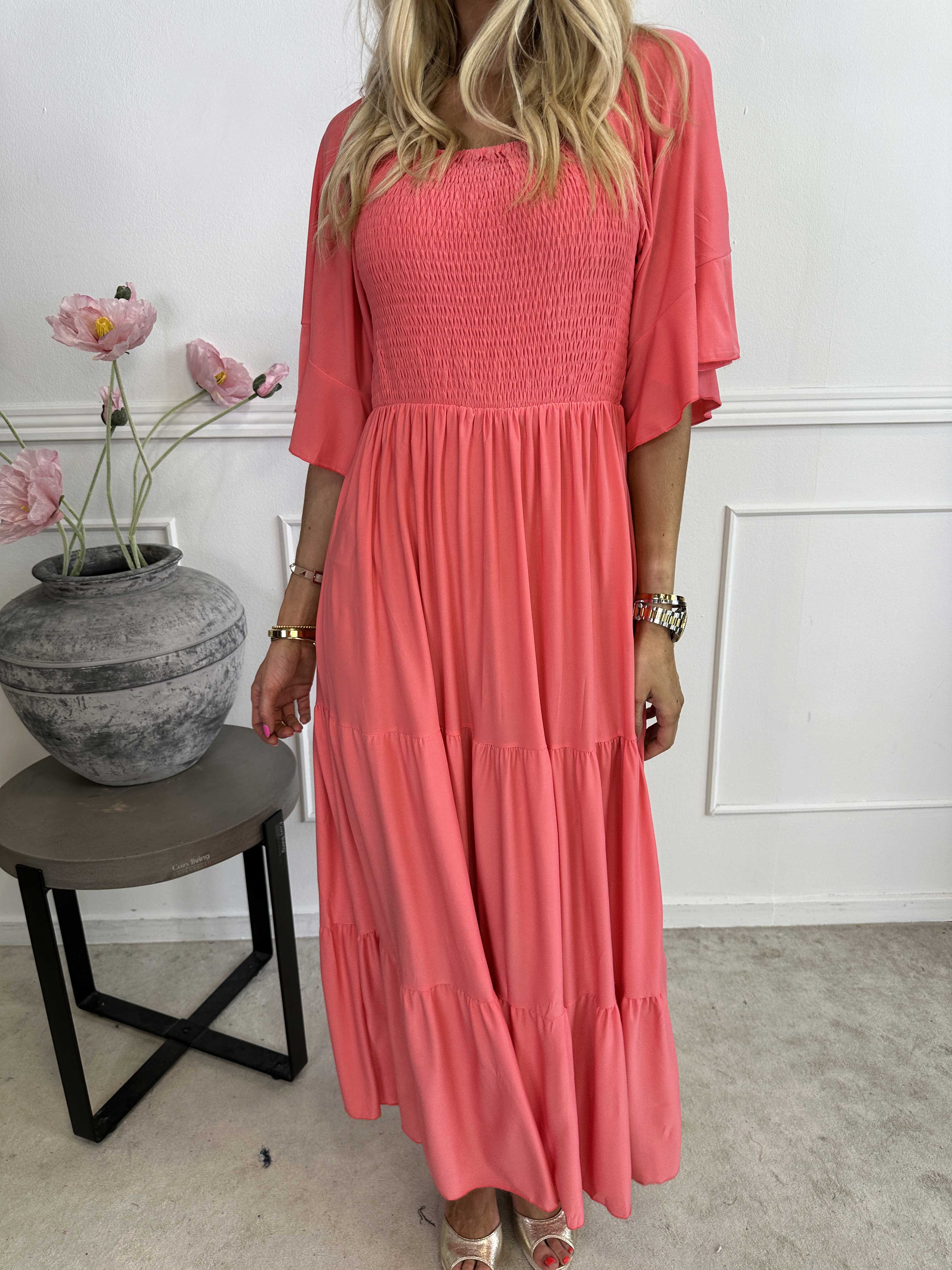 Elna Plain - Lang elastisk plain kjole med smock over brystet