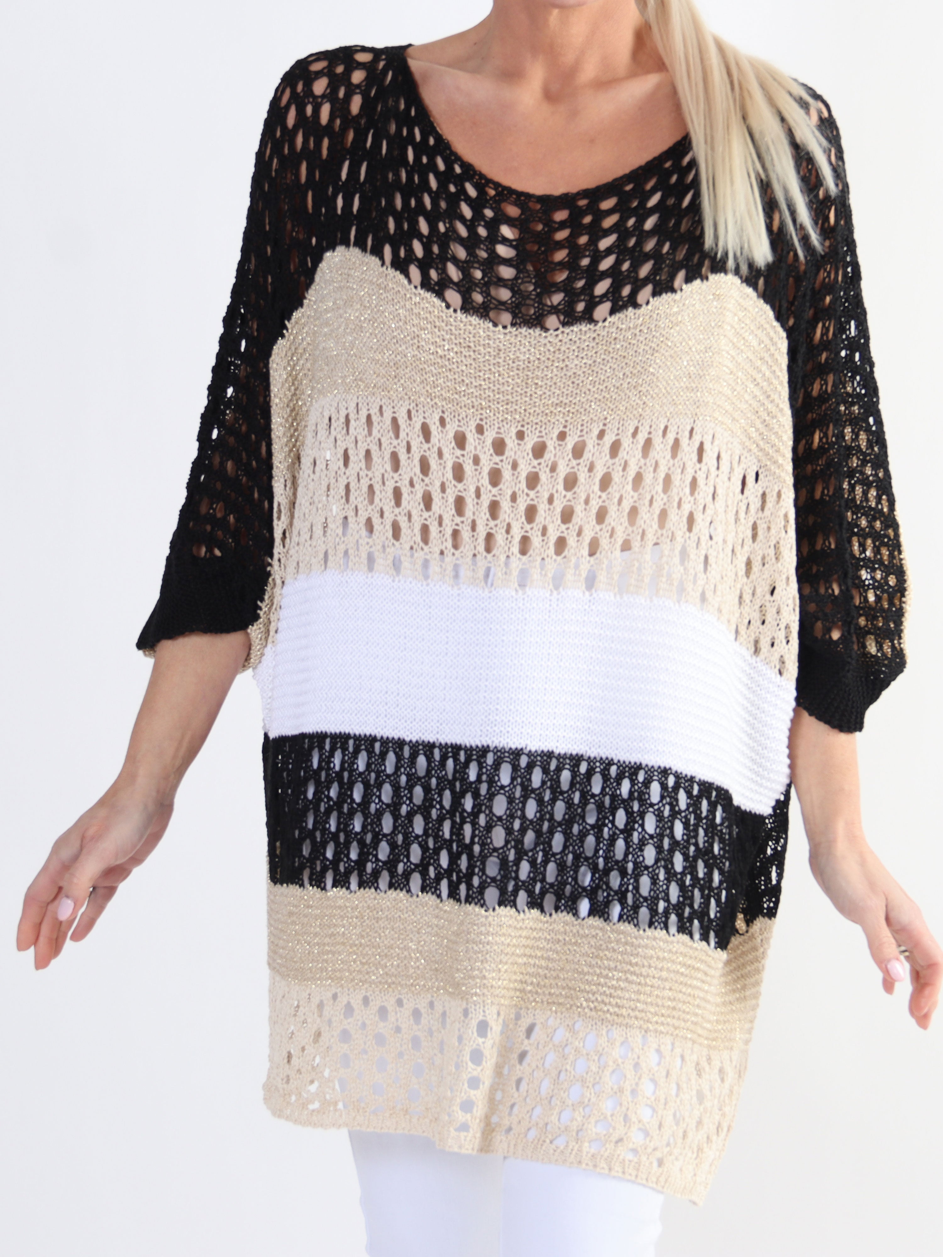 Evelina - Stribet plus size strik med hulmønster og glimmertråde