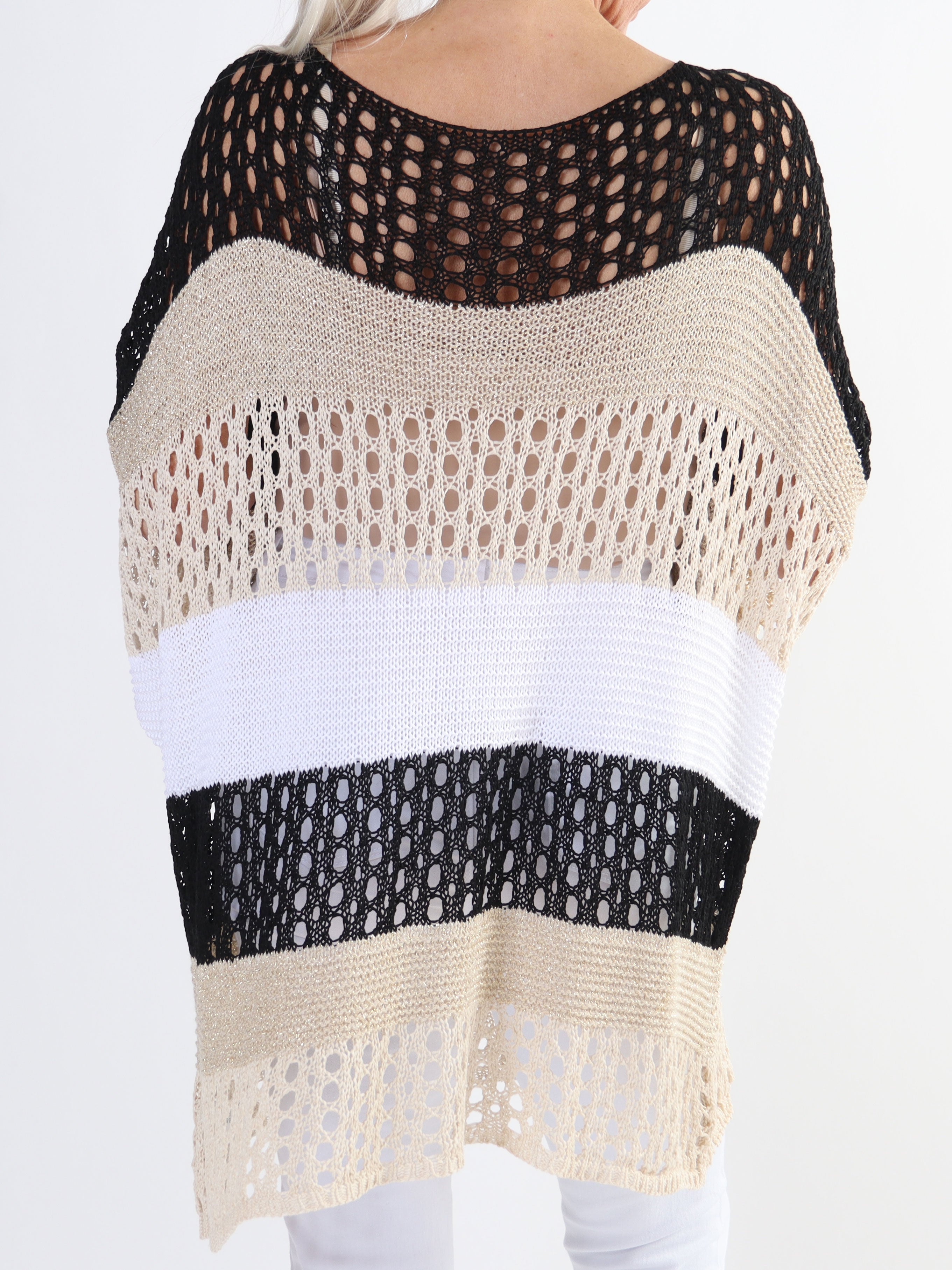 Evelina - Stribet plus size strik med hulmønster og glimmertråde