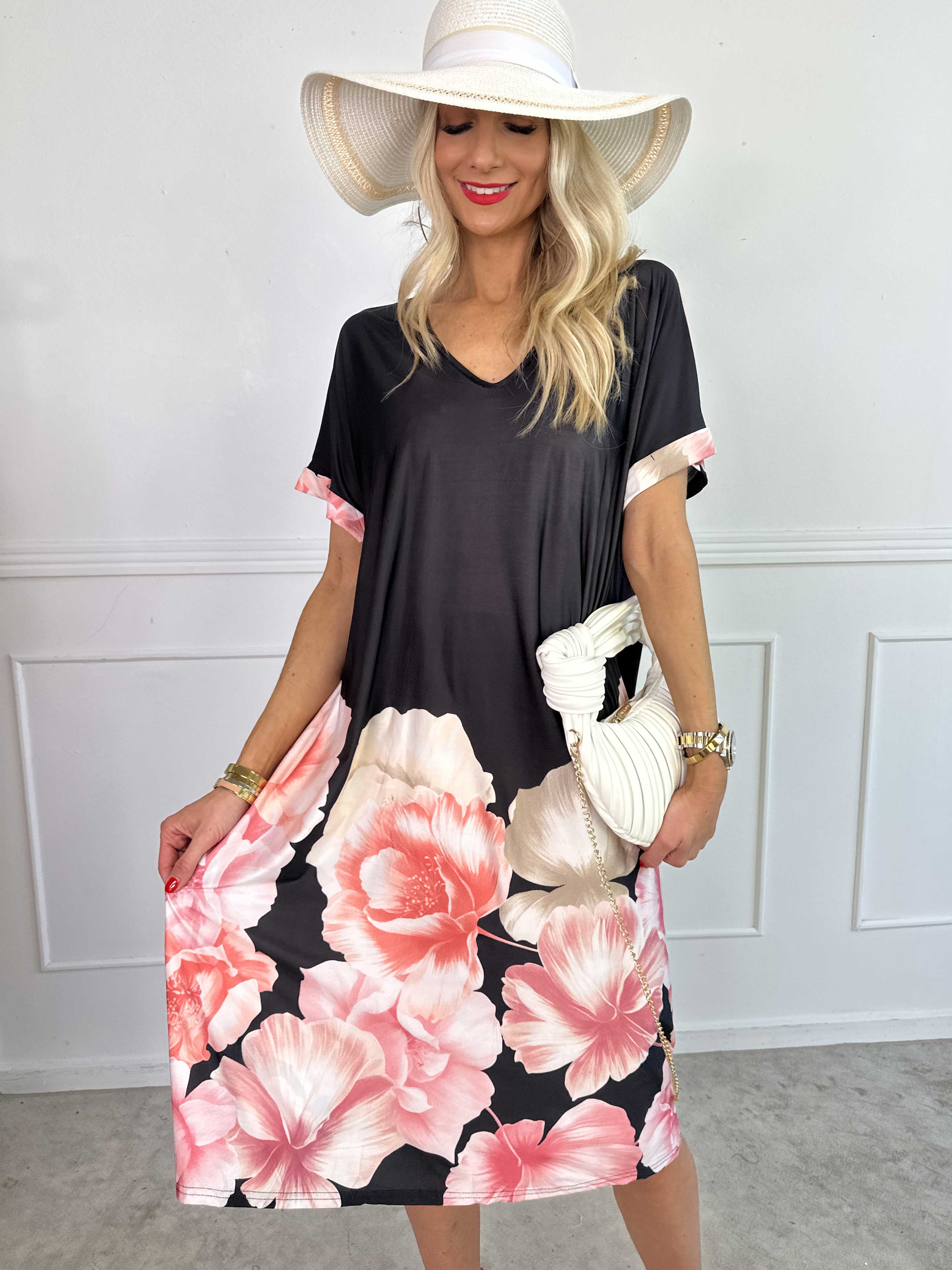 Evie Peony - Løs tunikakjole i elastisk stof med blomsterprint