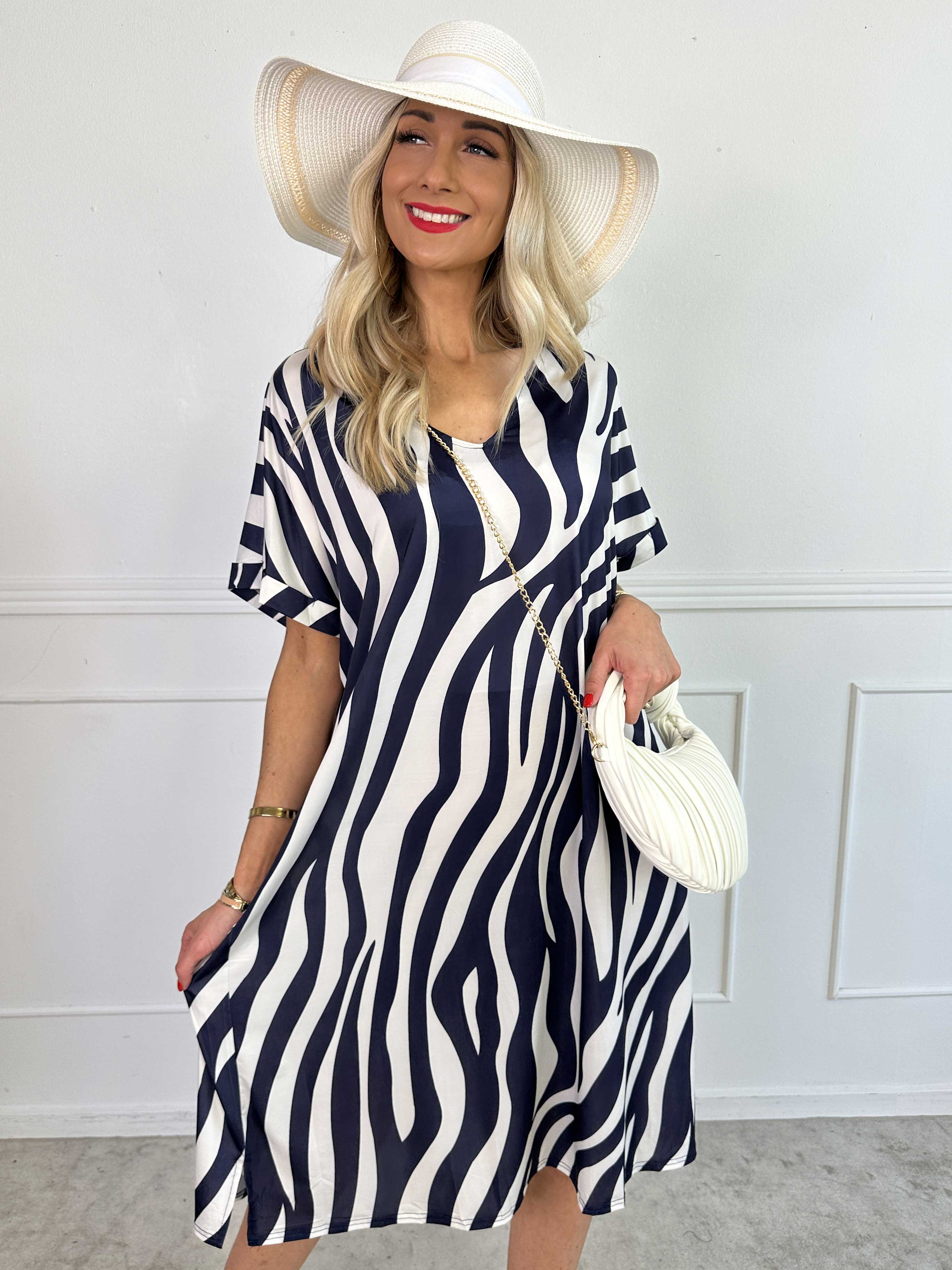 Evie Zebra - Løs tunikakjole i elastisk stof med zebraprint