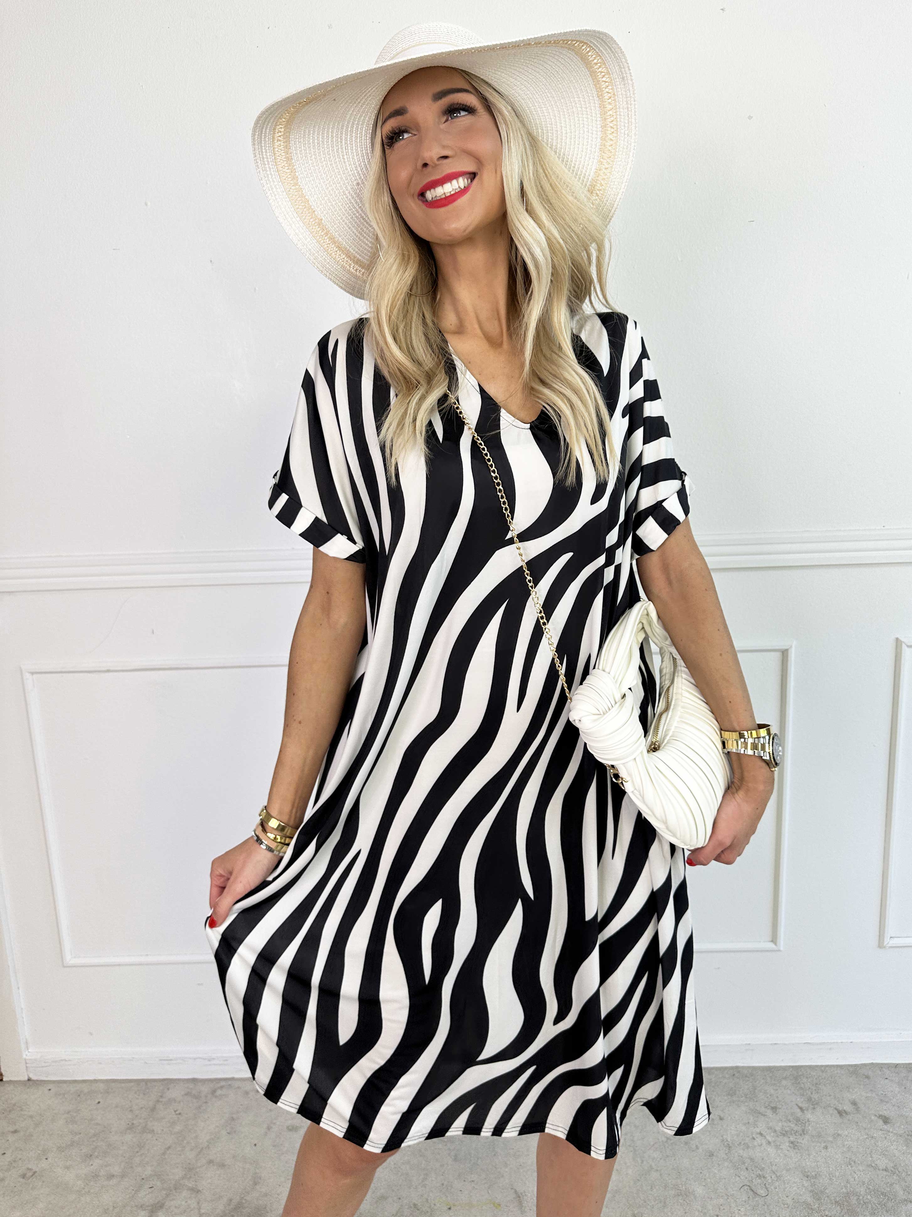 Evie Zebra - Løs tunikakjole i elastisk stof med zebraprint