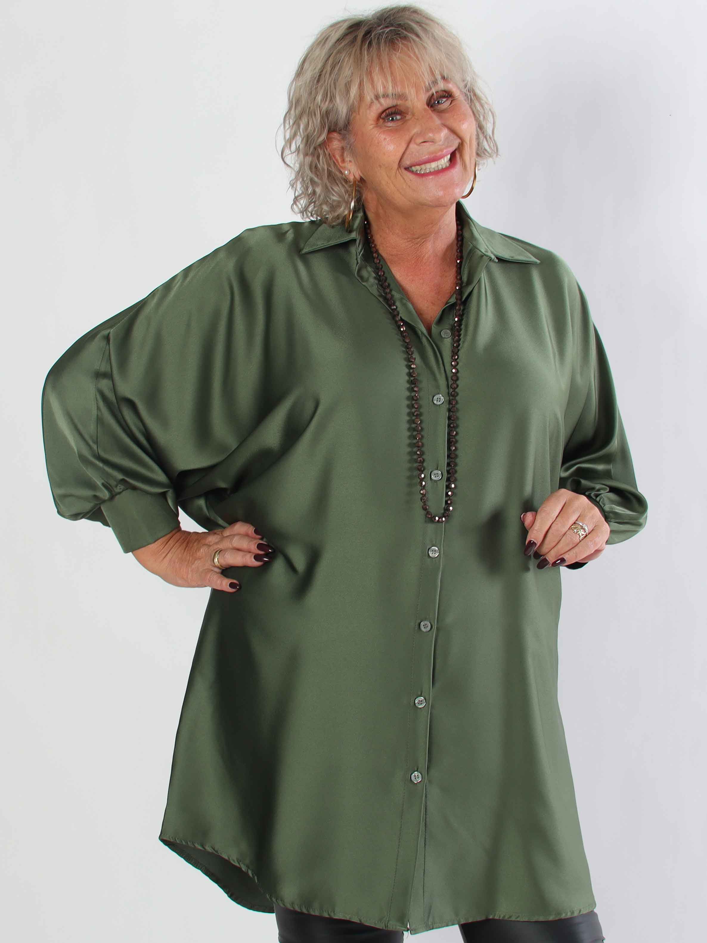 Feliciti long - Shiny plus size skjortekjole med flagermusærmer