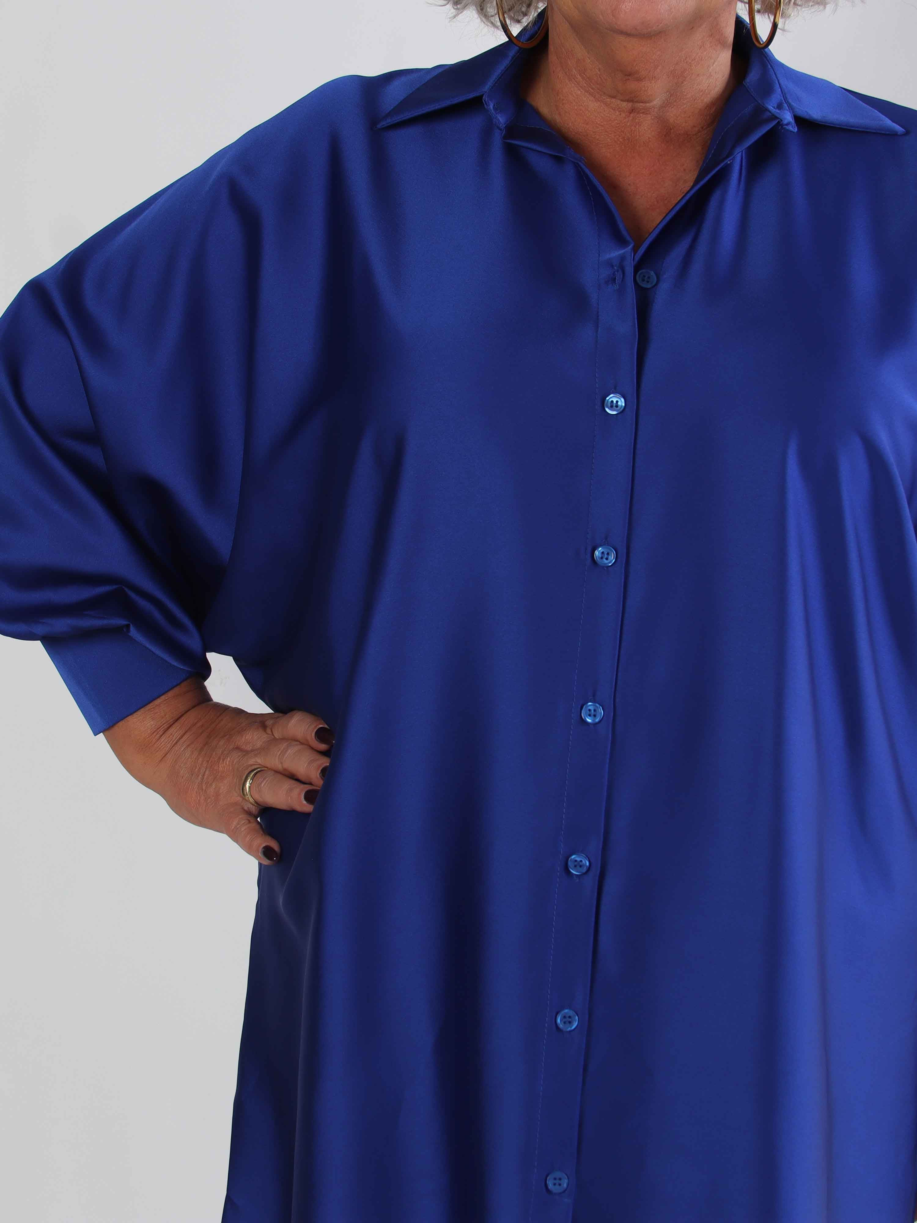 Feliciti long - Shiny plus size skjortekjole med flagermusærmer
