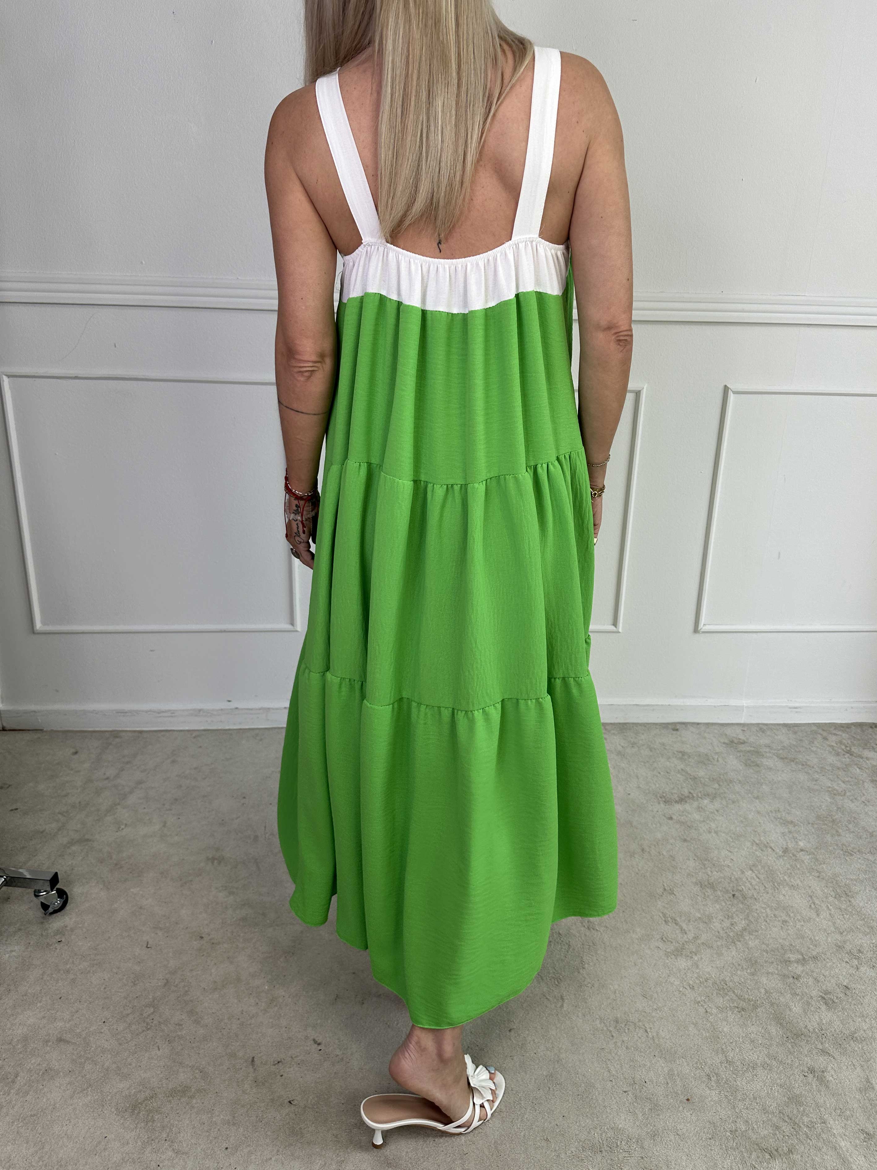 Glenna - Lang lag på lag kjole i viskose med hvide stropper