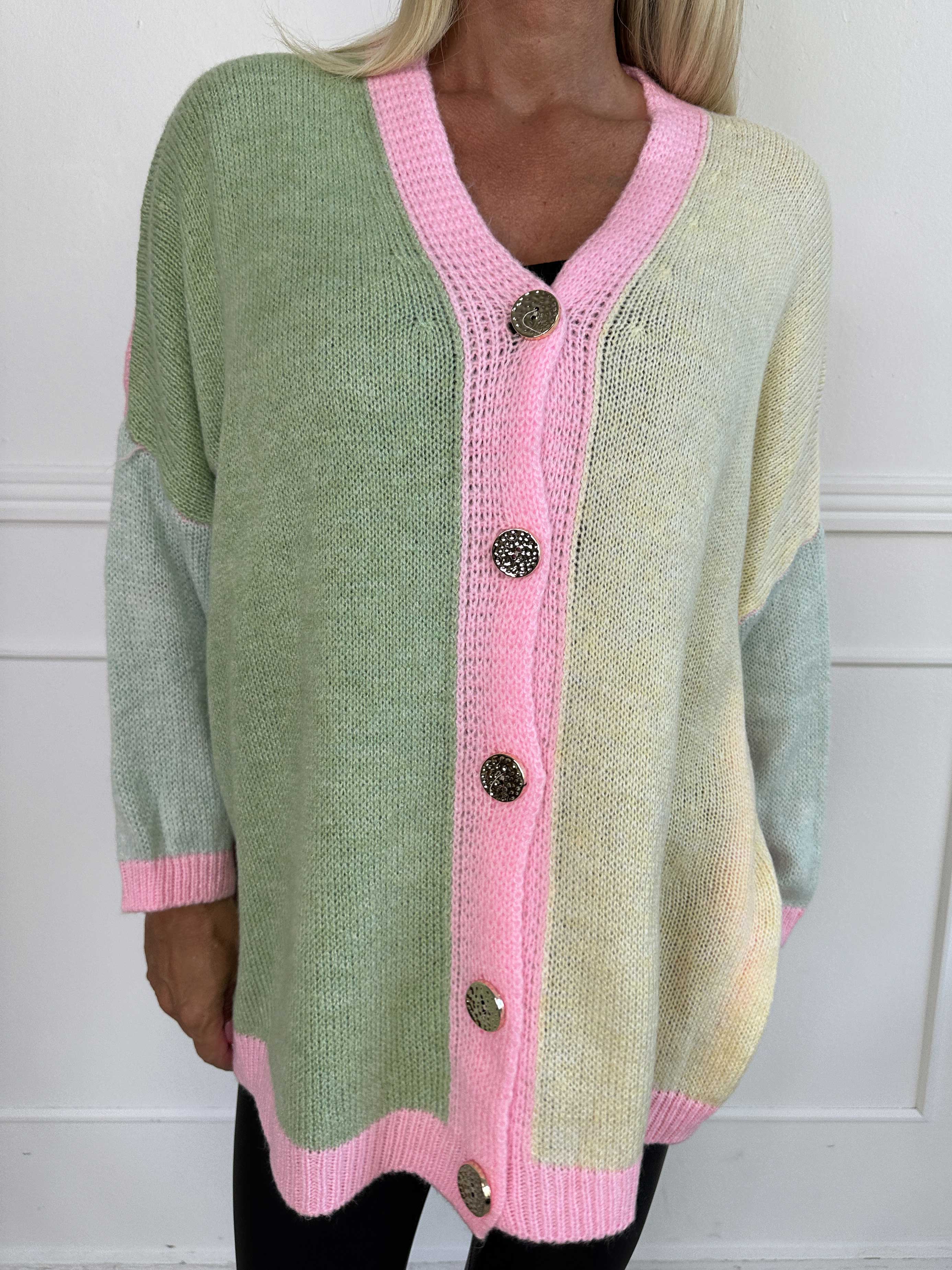 Hebe - Flerfarvet strikcardigan med guld knapper