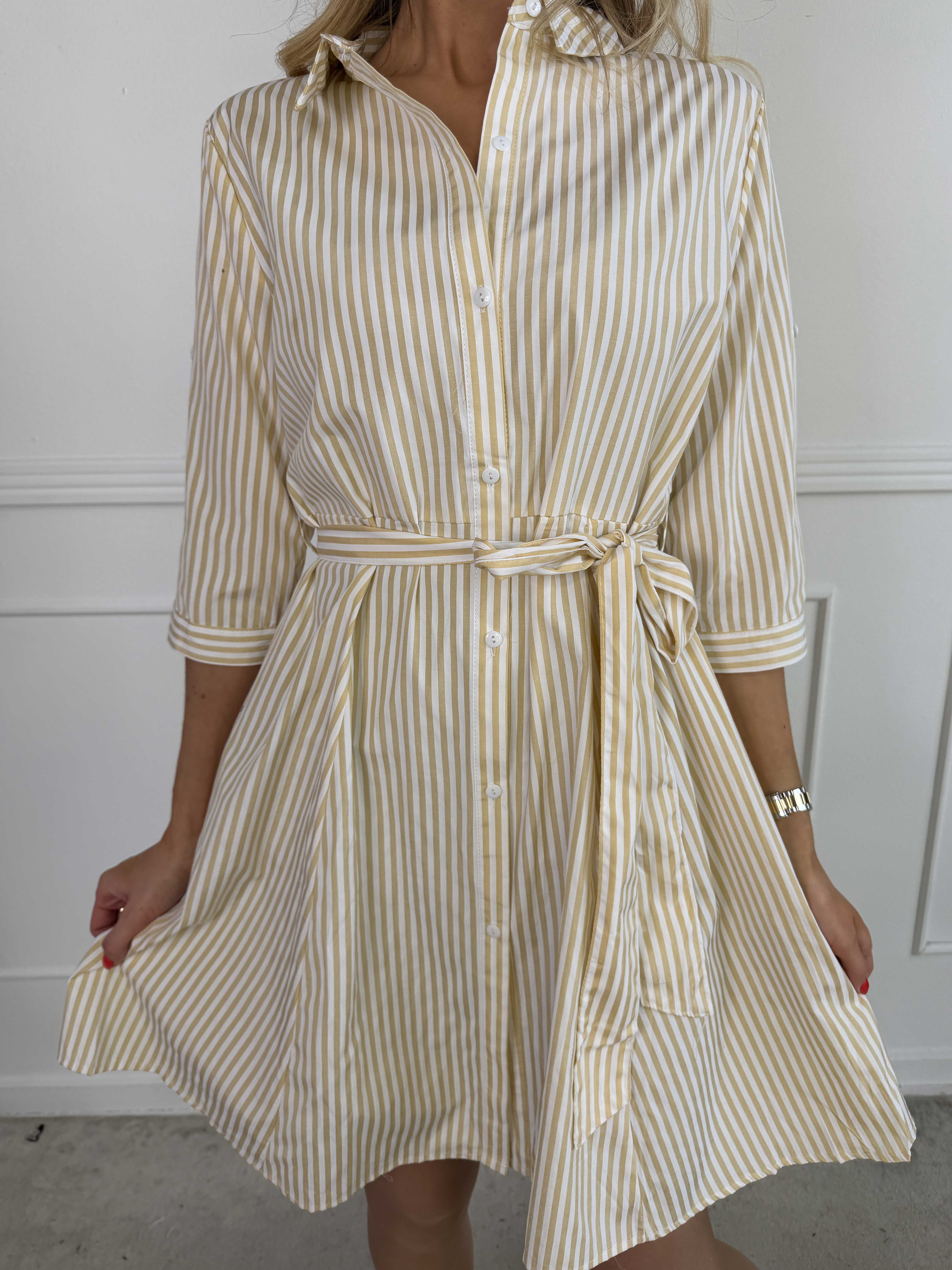 Hilma - Stribet skjortekjole i a-facon med bindebånd i livet