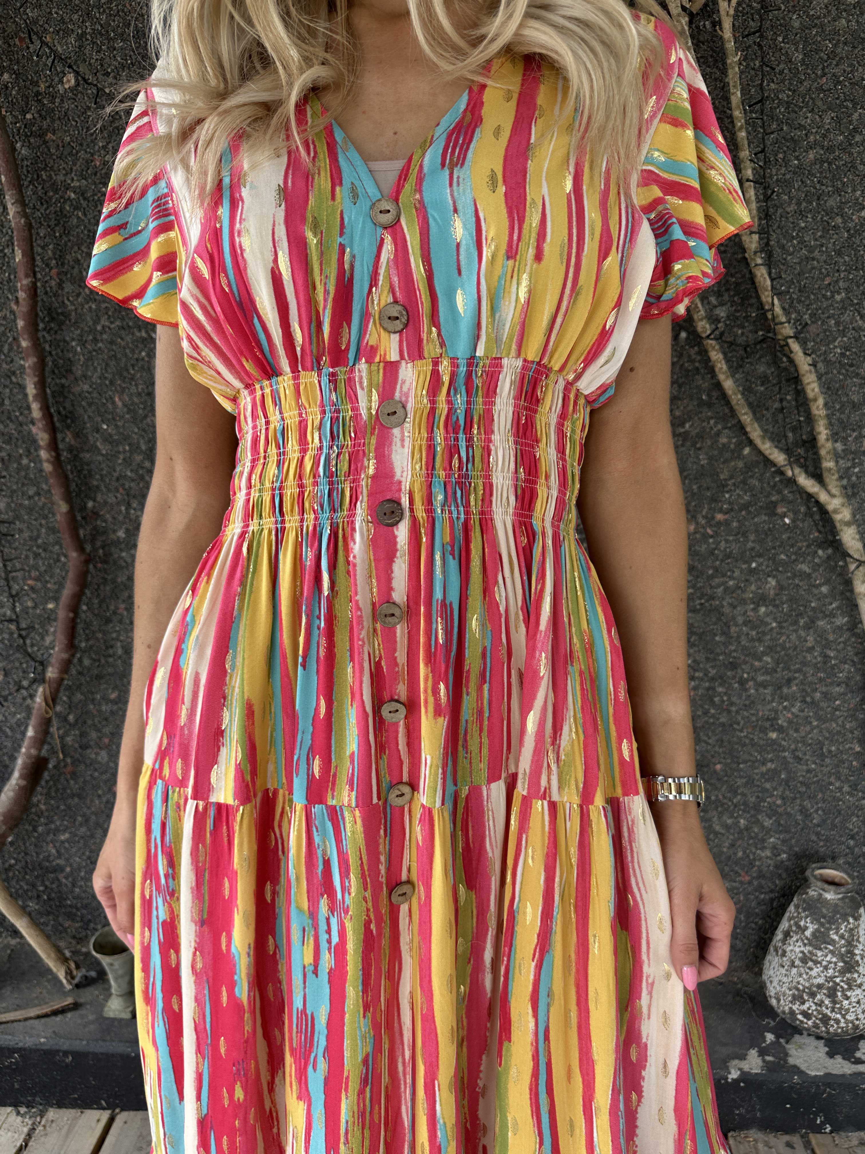 Hinata Stripe - Lang stribet kjole i viskose med smock