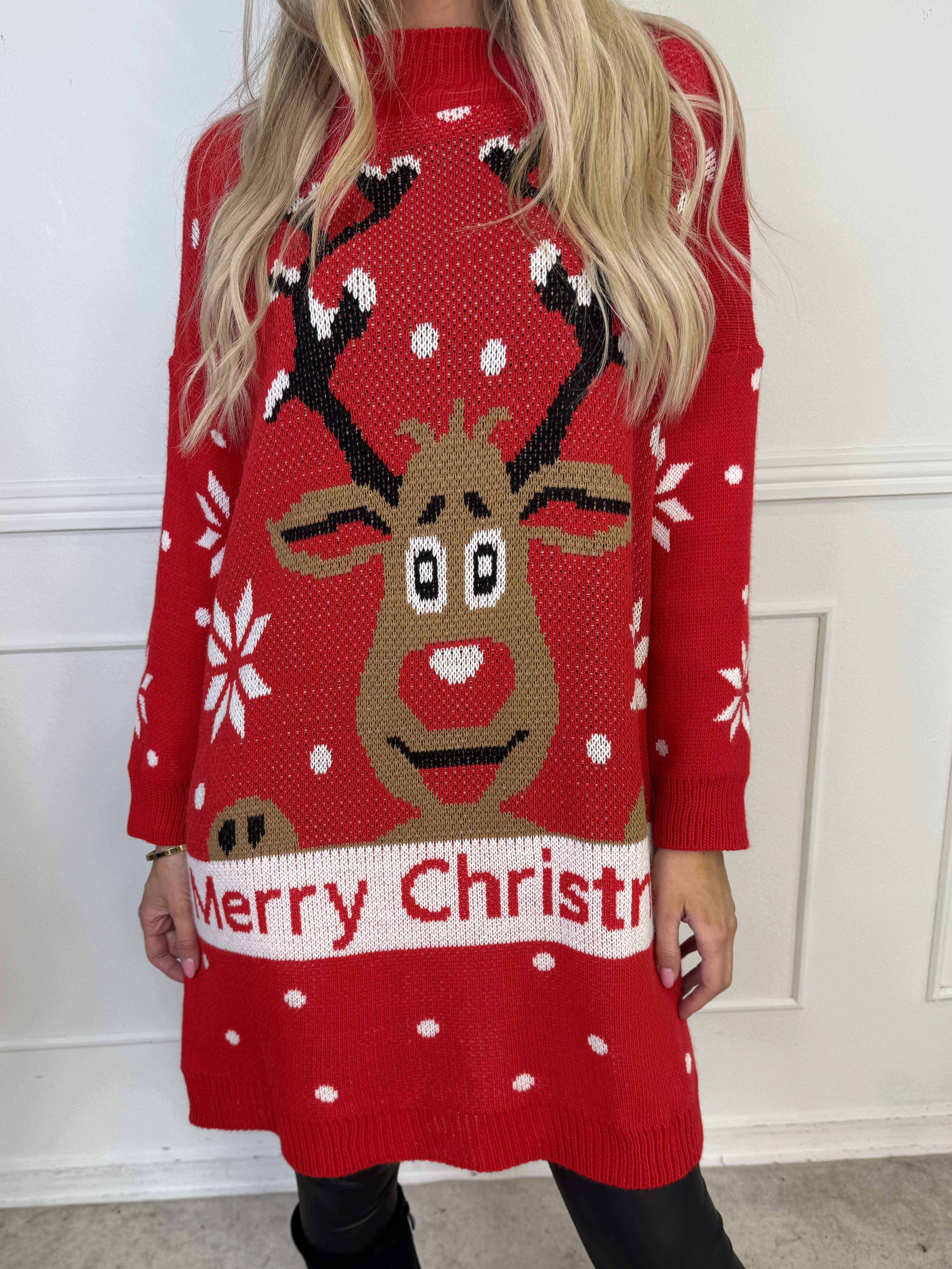 Rudy - Julestrikkjole med rudolf på maven
