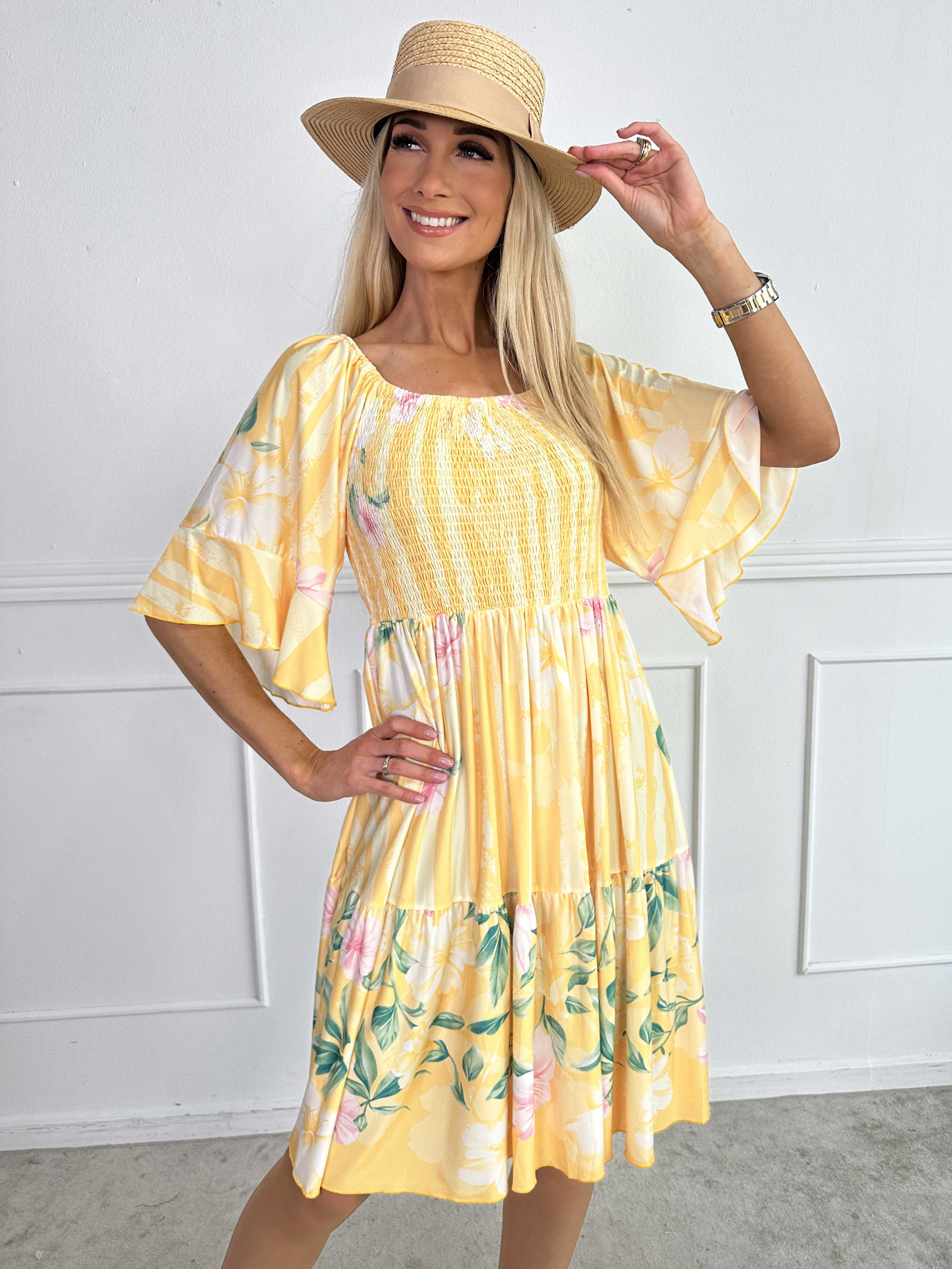 Elna Floral Stripe Short - Blomstret elastisk kjole med smock over brystet