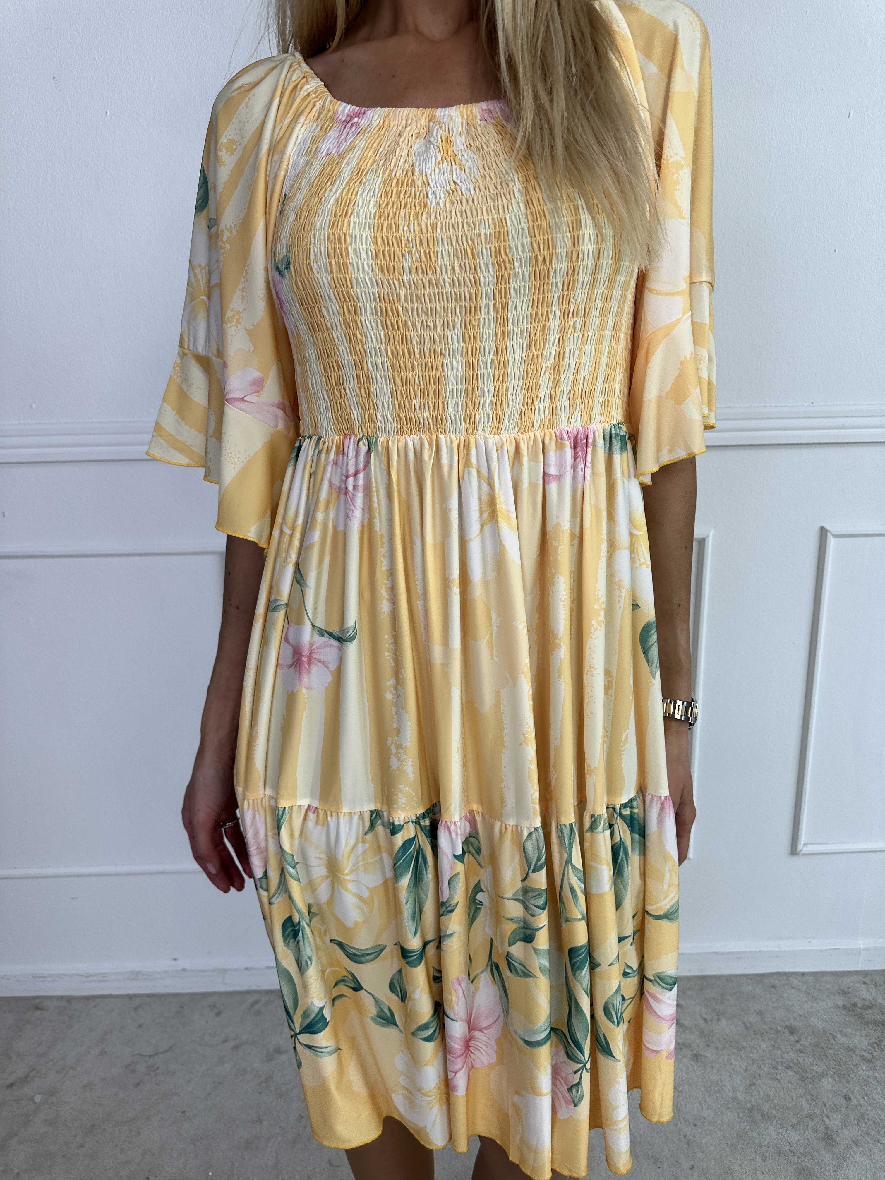 Elna Floral Stripe Short - Blomstret elastisk kjole med smock over brystet