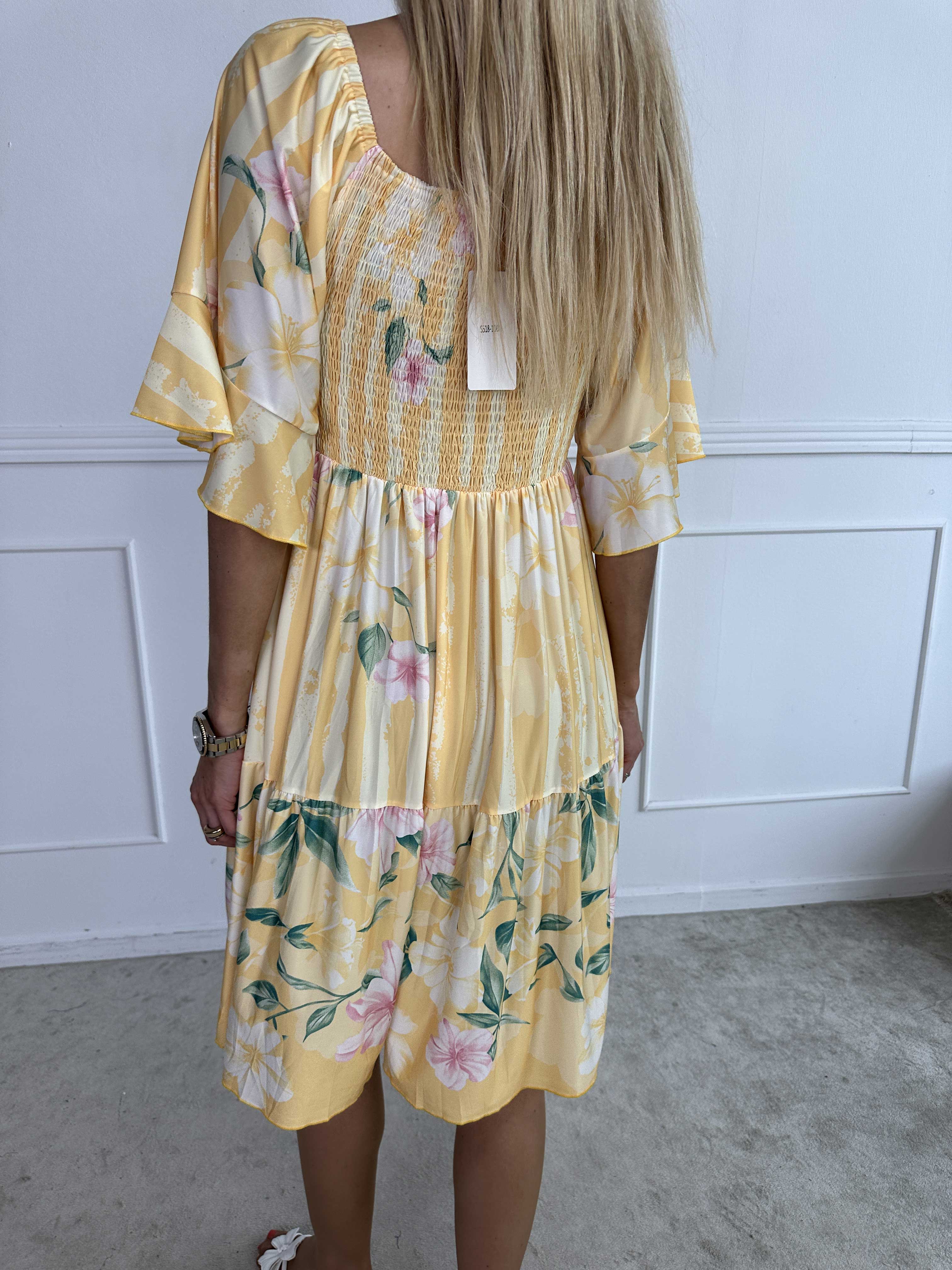 Elna Floral Stripe Short - Blomstret elastisk kjole med smock over brystet