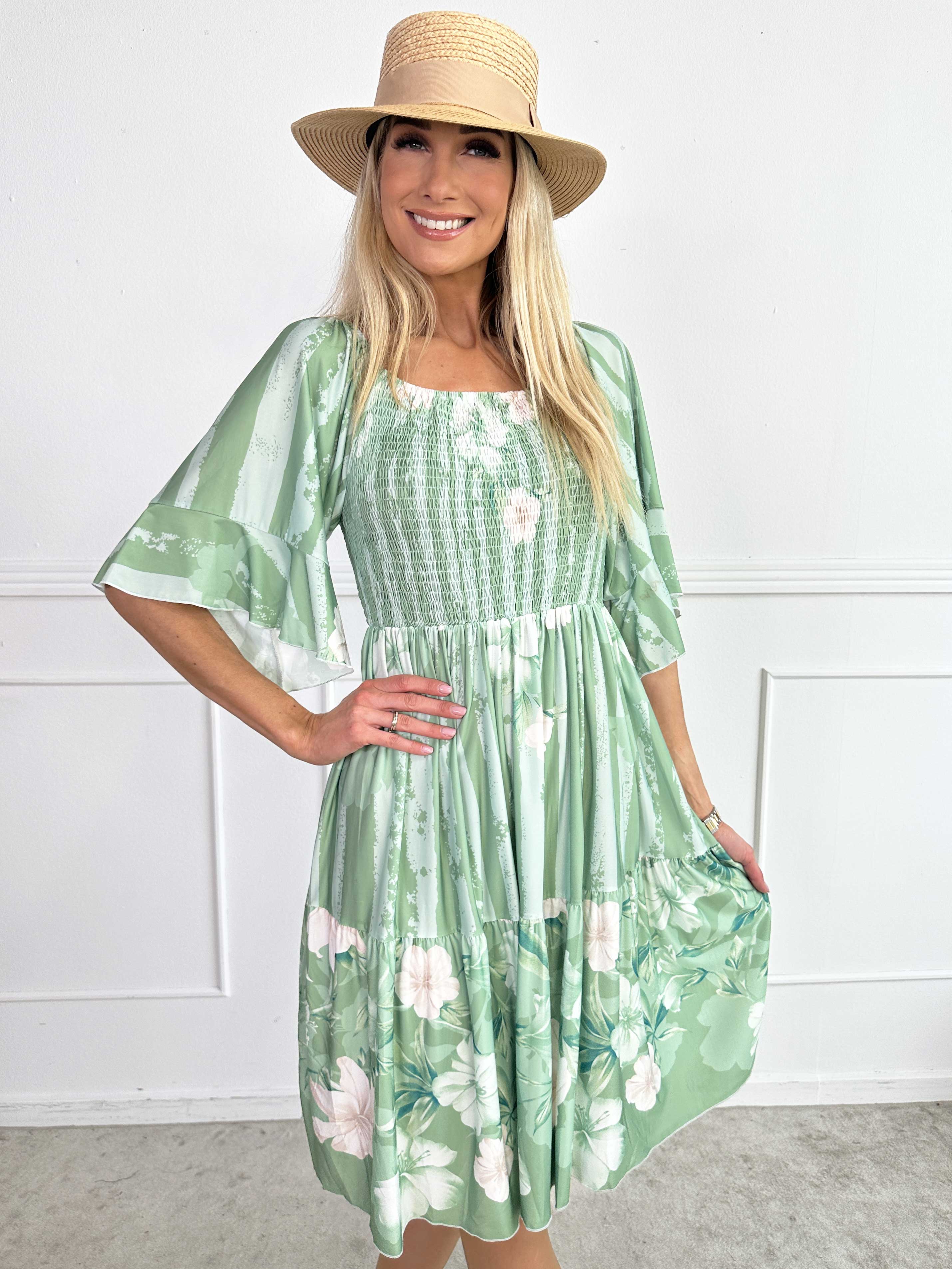 Elna Floral Stripe Short - Blomstret elastisk kjole med smock over brystet